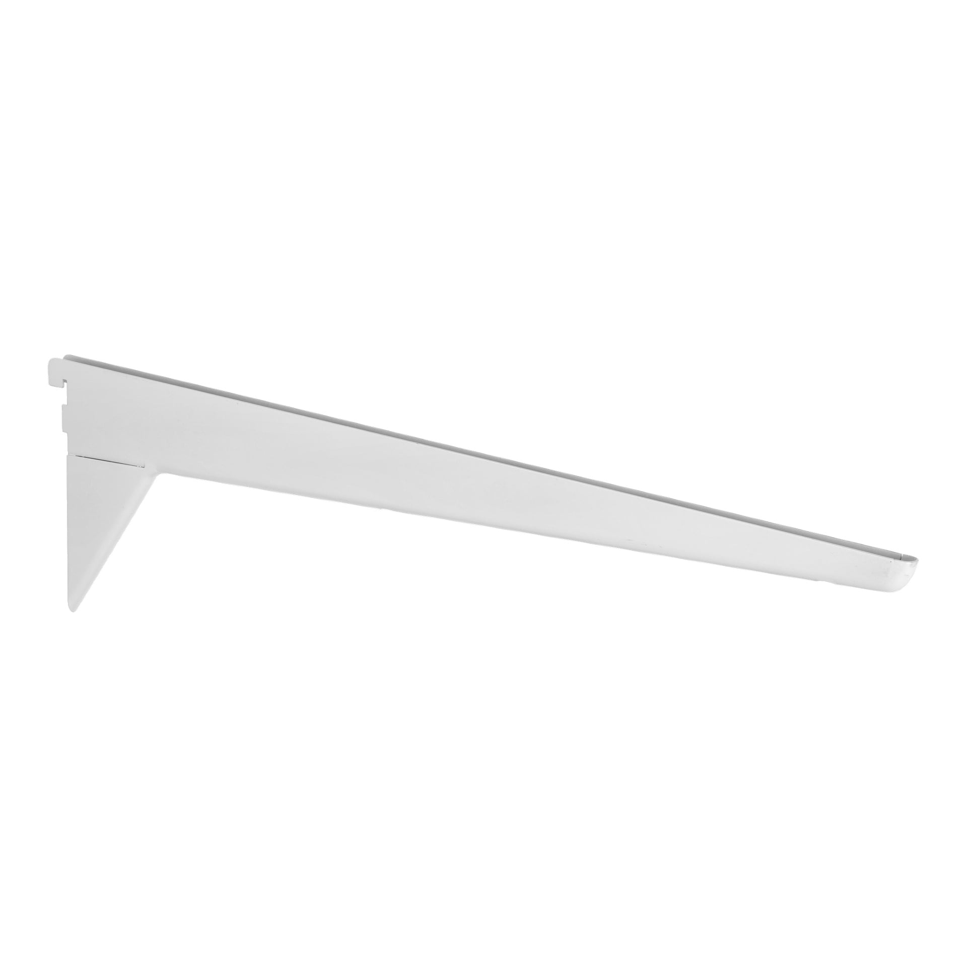 Et hardt hodeforsterket brakett med hvit metallfinish og diagonal støttearm vises. Den er ment for veggmontering, og gir sterk støtte for hyller.