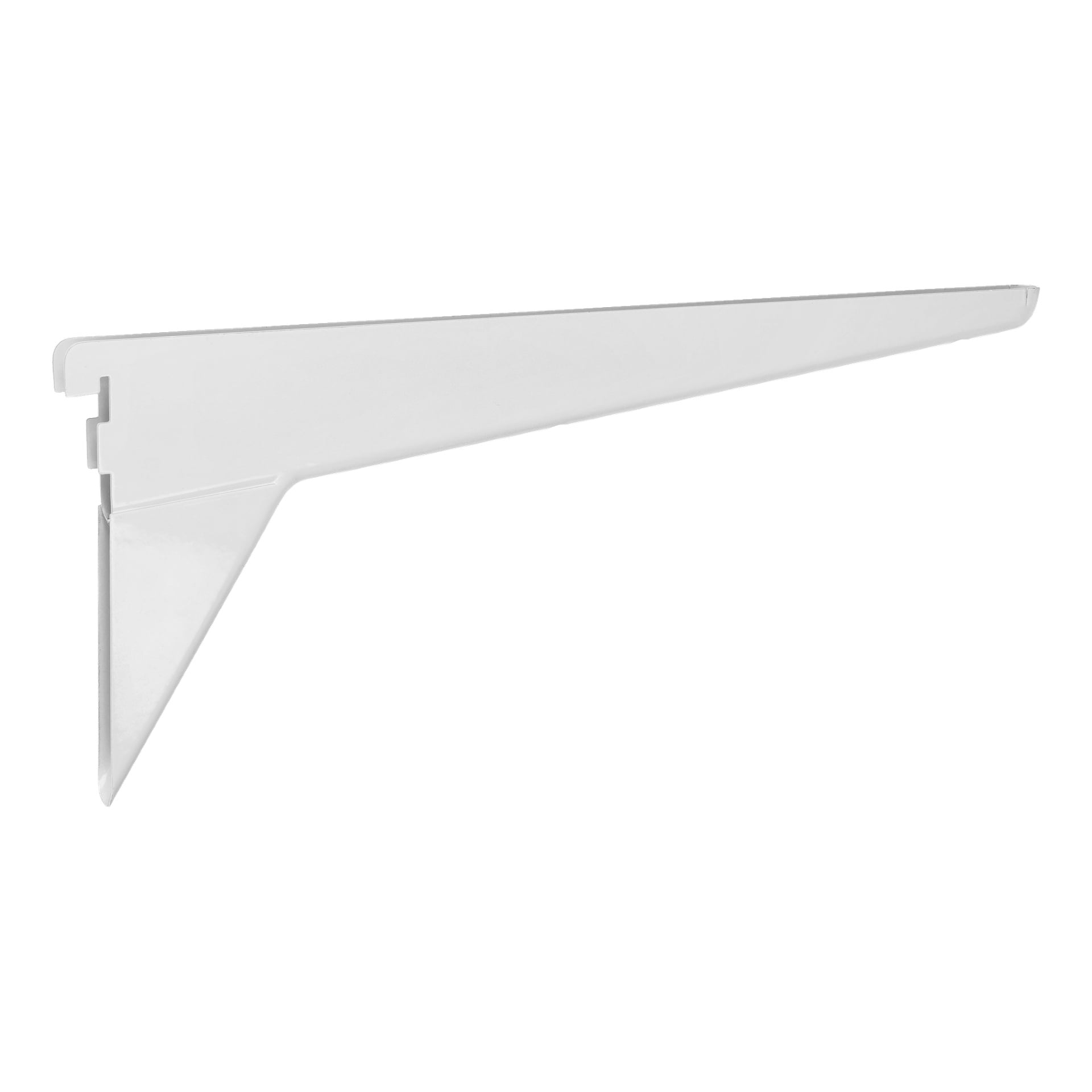 Et hardt hodeforsterket brakett med hvit metallfinish vises. Den har en rettvinklet form, en åpning i den ene enden for montering på veggen, og en skrå diagonal støtte for å øke styrken.