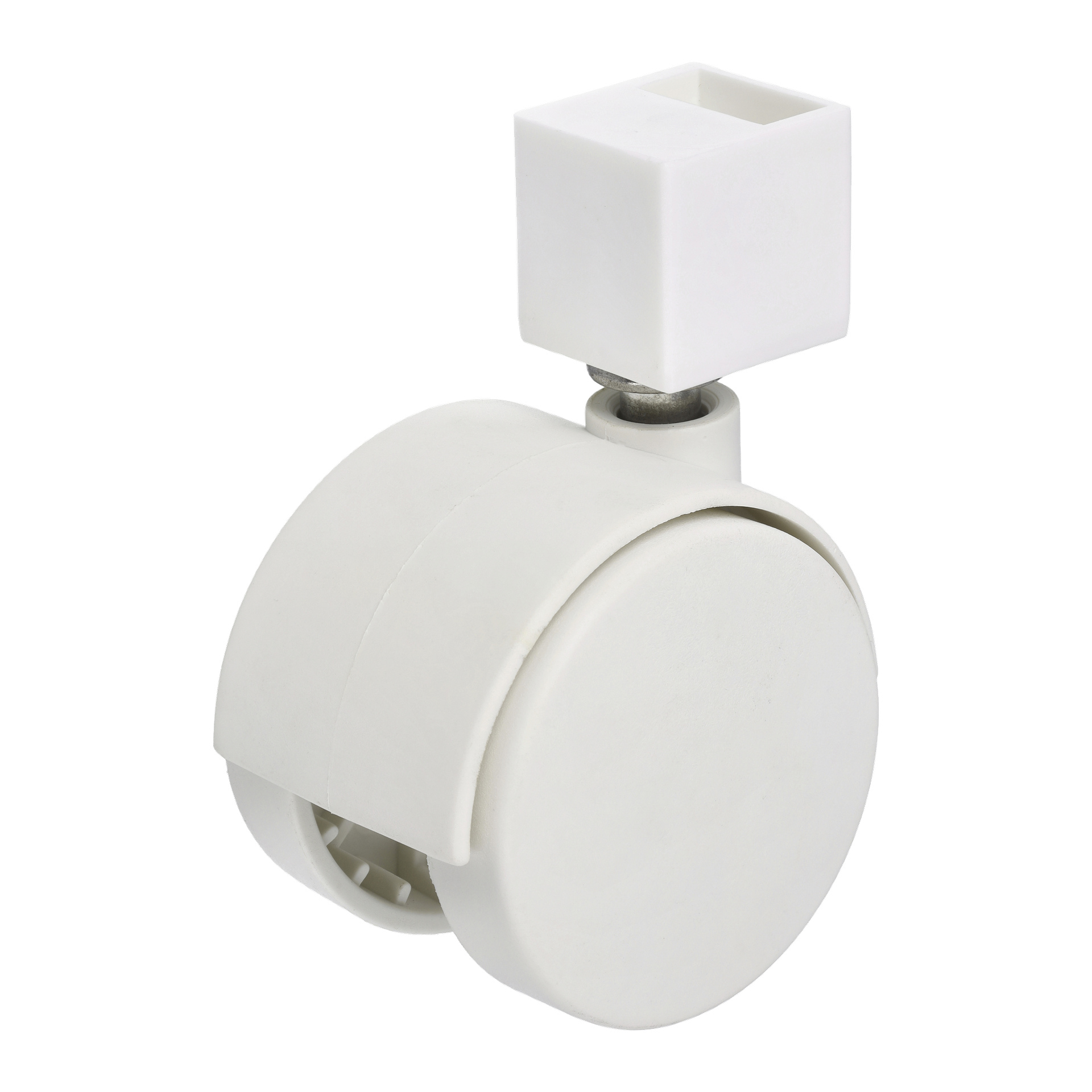 Nærbilde av et hvitt plast svinghjul fra Hard Head Wheels (4-pakning), som viser den firkantede monteringssoklen på toppen, ment for enkel flytting av møbler eller utstyr.