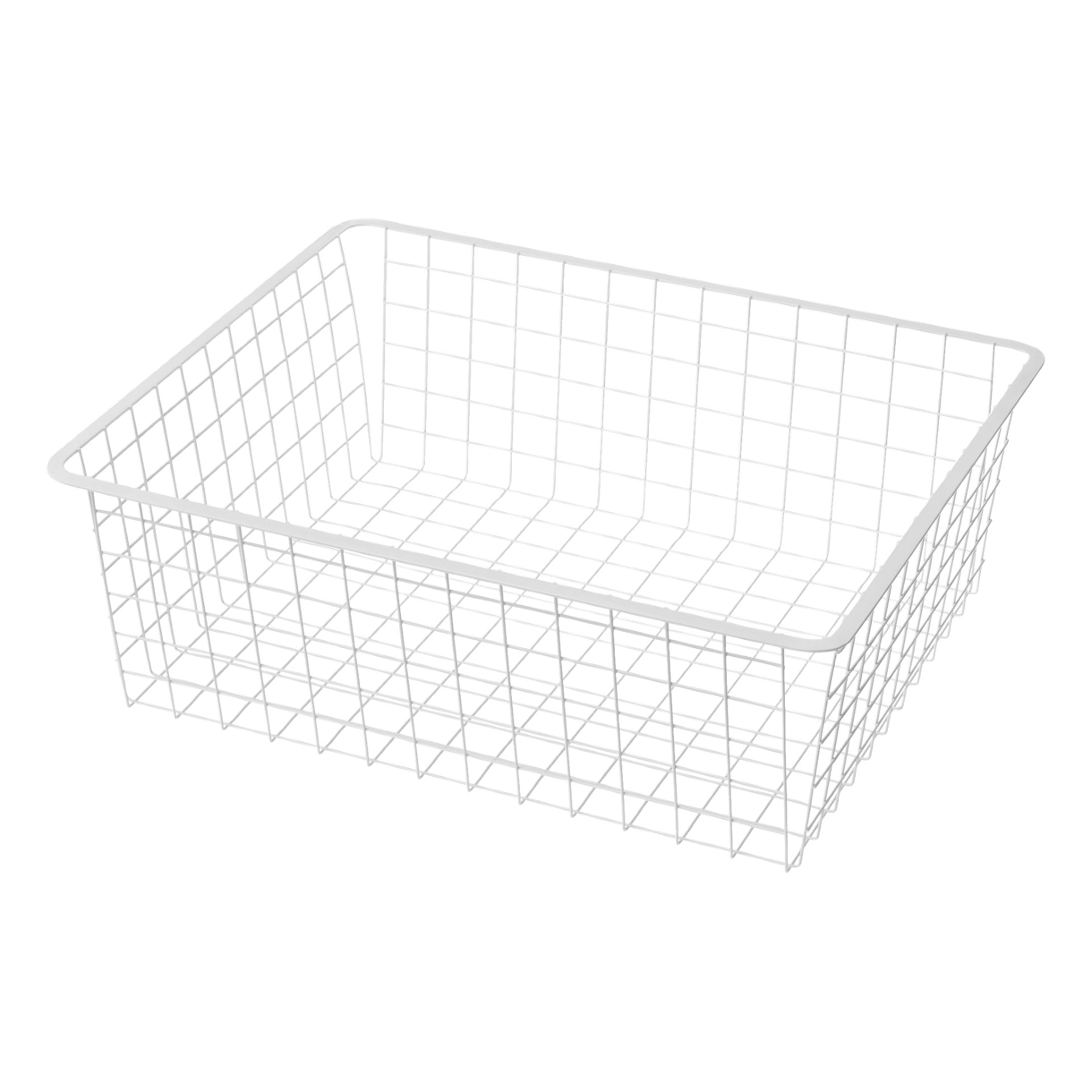 Ein leerer Korb mit Hard Head Wire mit weißer Beschichtung ist zu sehen. Sie hat eine rechteckige Form mit geraden Seiten, leicht abgerundeten Ecken oben und einem offenen Rastermuster.