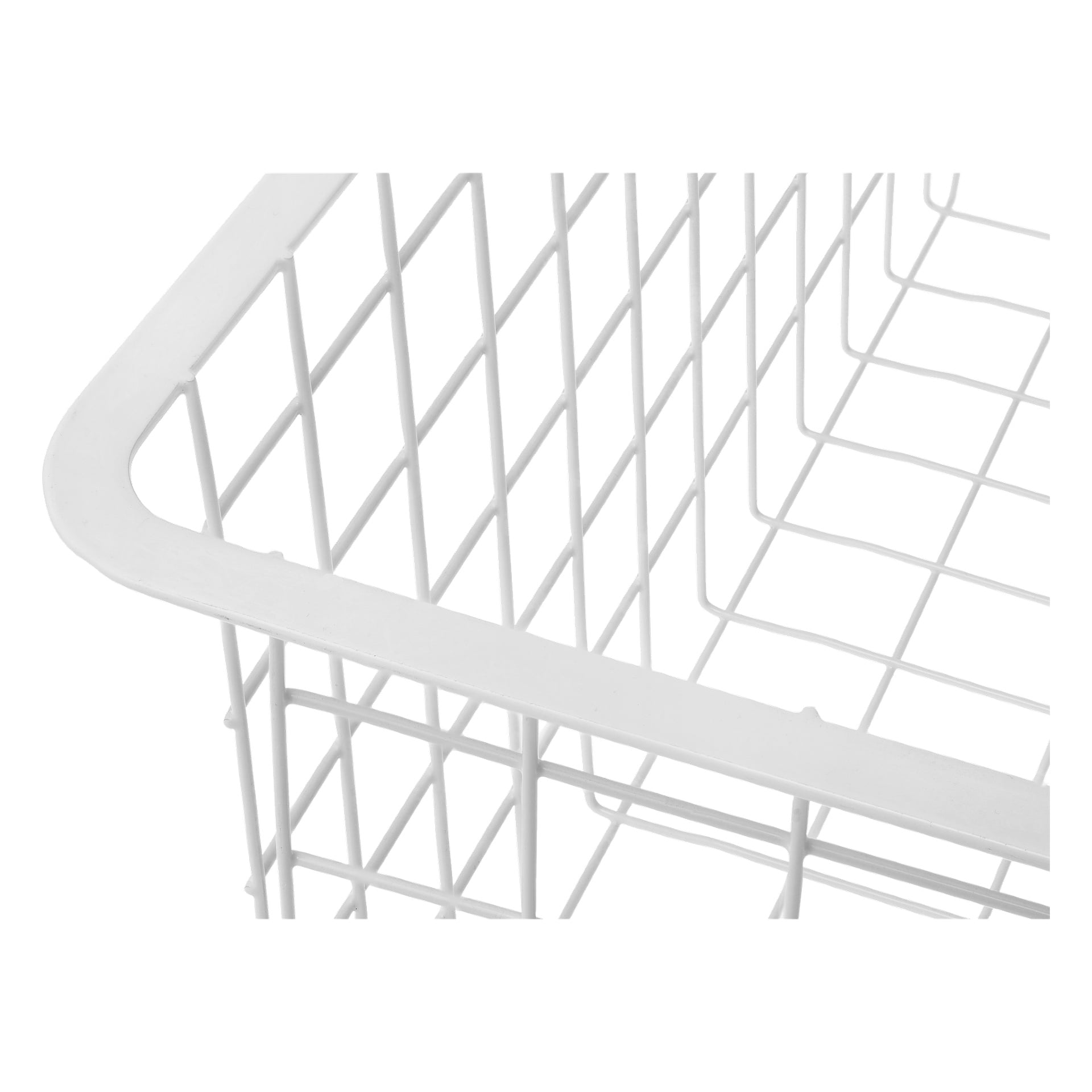 Nahaufnahme der Ecke und Seiten eines Hard Head Wire-Korbs, wobei das weiße Drahtgitter und der stabile, glatte Rand entlang der oberen Kante betont werden. Der Korb ist leer.