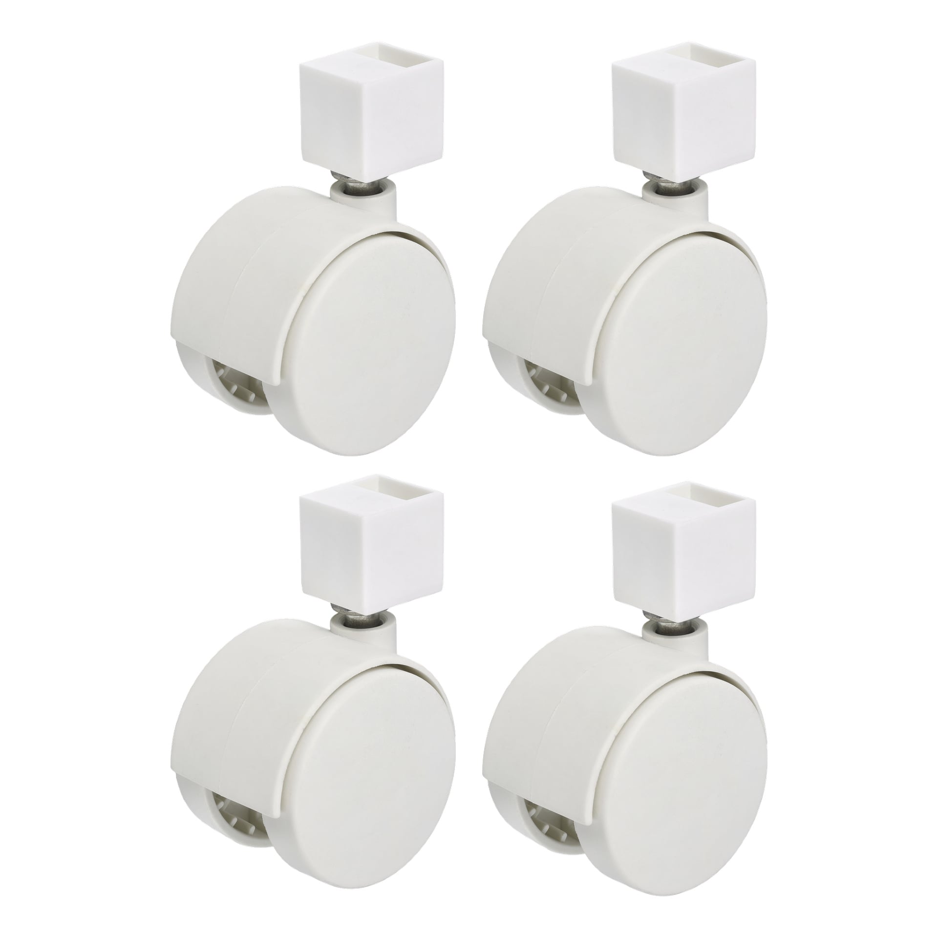 Fire Hard Head Wheels for et kurvstativ presenteres i en 4-pakning, arrangert side om side i to rader, hver med et glatt, avrundet hvitt design og firkantede monteringsstenger. Alle fire kasterne er identiske.