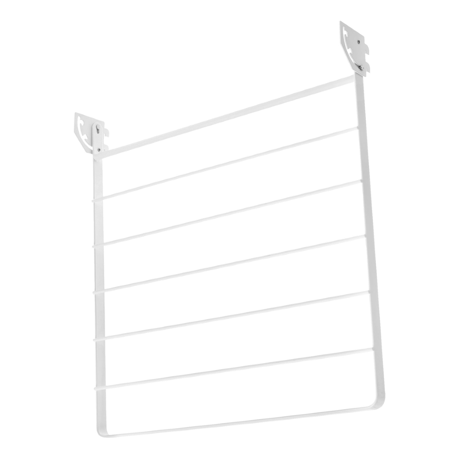 Das Hard Head Drier Rack ist eine weiße Metallstruktur mit sechs horizontalen Stangen und zwei Halterungen oben, die an einer vertikalen Wand montiert werden können.