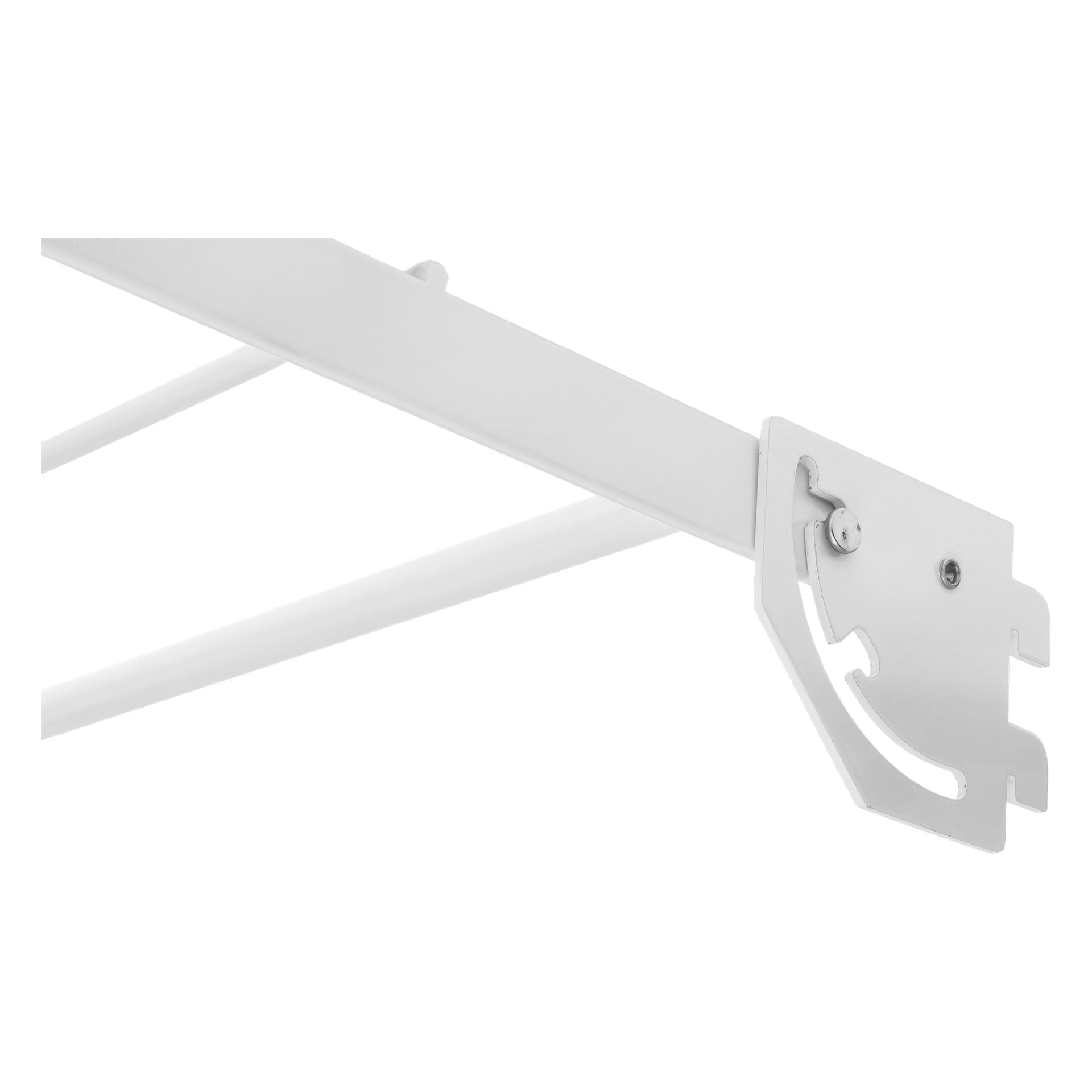 Nahaufnahme einer Metallhalterung eines Hard Head Drier-Racks, das an einer horizontalen Stange befestigt ist, Kerben entlang der Kante zeigt und durch einen Stift zur Montage oder Stütze gehalten wird.