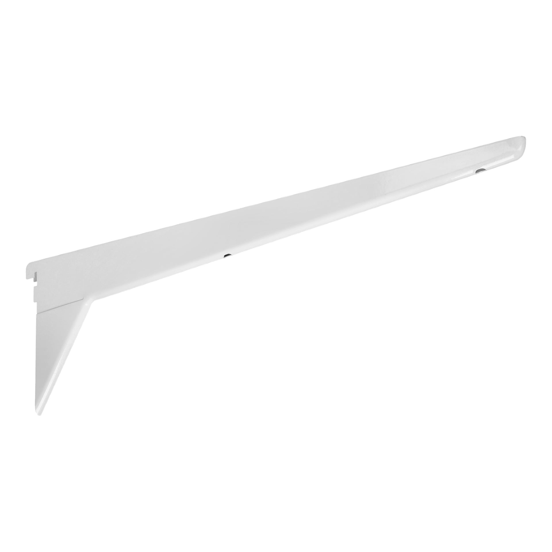 En hvit metall Hard Head Reinforced brakett med trekantet støtteform vises. Den har to skruehull for montering og et hakk i den ene enden for installasjon.