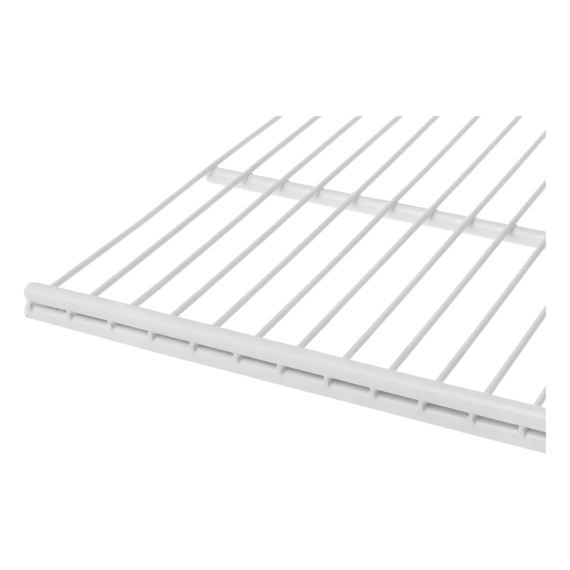 Nahaufnahme des Hard Head Wire-Regals, das gleichmäßig verteilte weiße Metallstangen zeigt, die parallel mit einer glatt gebogenen Vorderkante verlaufen. Das Regal sieht makellos und gut gepflegt aus.