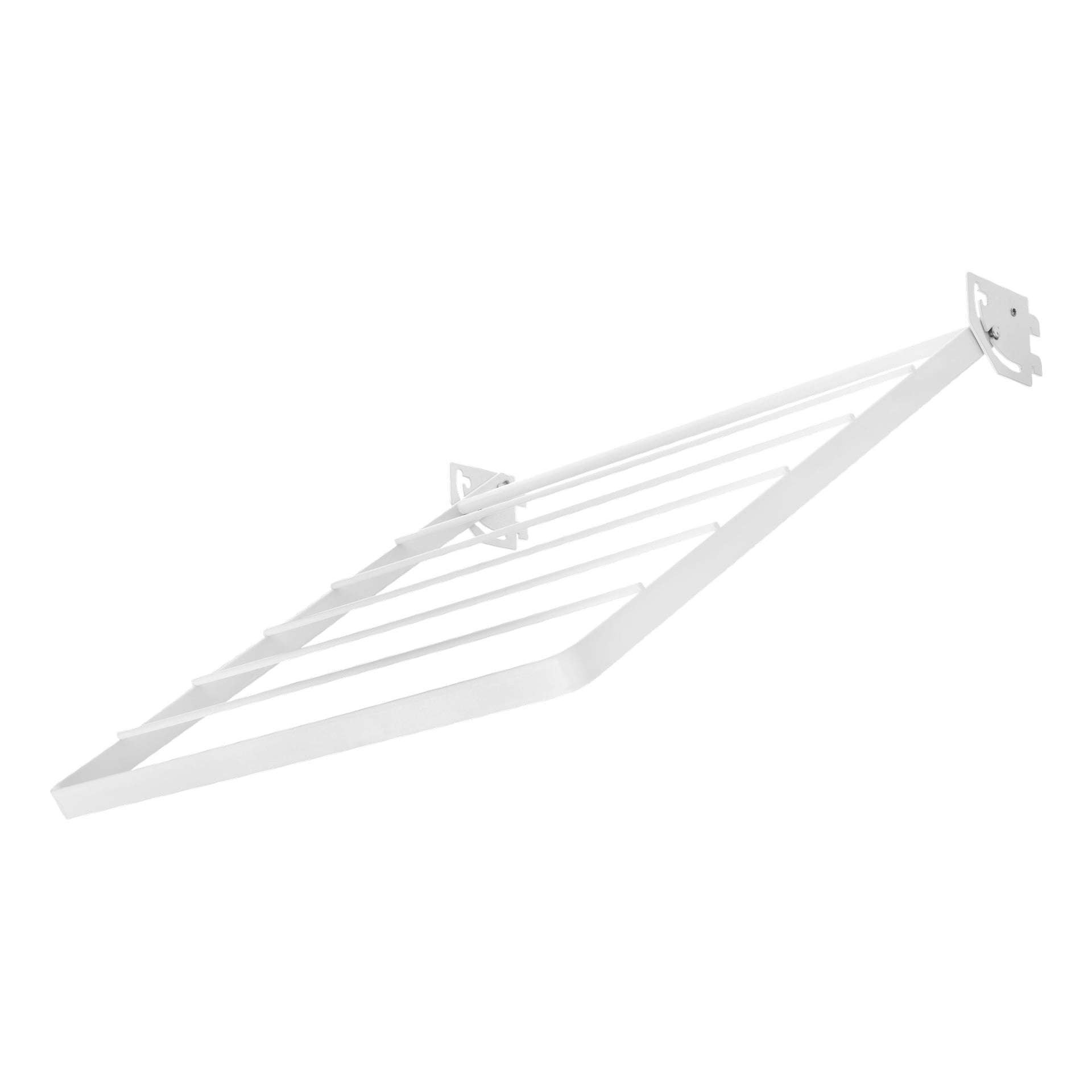 Ein weißes, wandmontiertes Hard Head Drier-Rack wird aus einer niedrigen Perspektive gezeigt. Er umfasst fünf parallele horizontale Stäbe und zwei dreieckige Metallplatten mit Schraublöchern zur Montage. Das Gesamtbild ist einfach und praktisch.