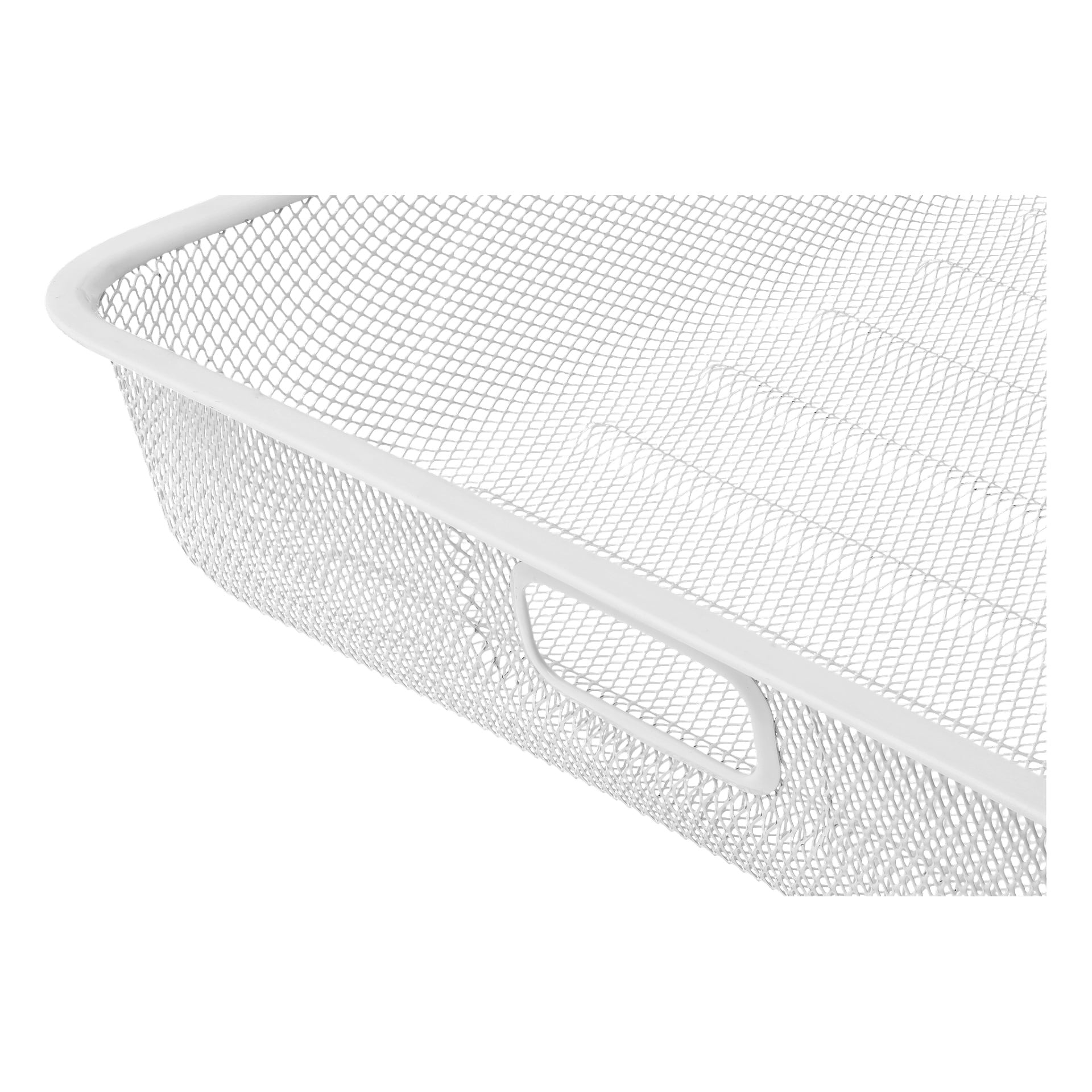 Detaillierte Ansicht des Hard Head Mesh-Korbs, der sein stabiles weißes Metallgitter und einen rechteckigen ausgeschnittenen Griff an der Seite zeigt, wobei der Schwerpunkt auf Material und Design des Tabletts liegt.