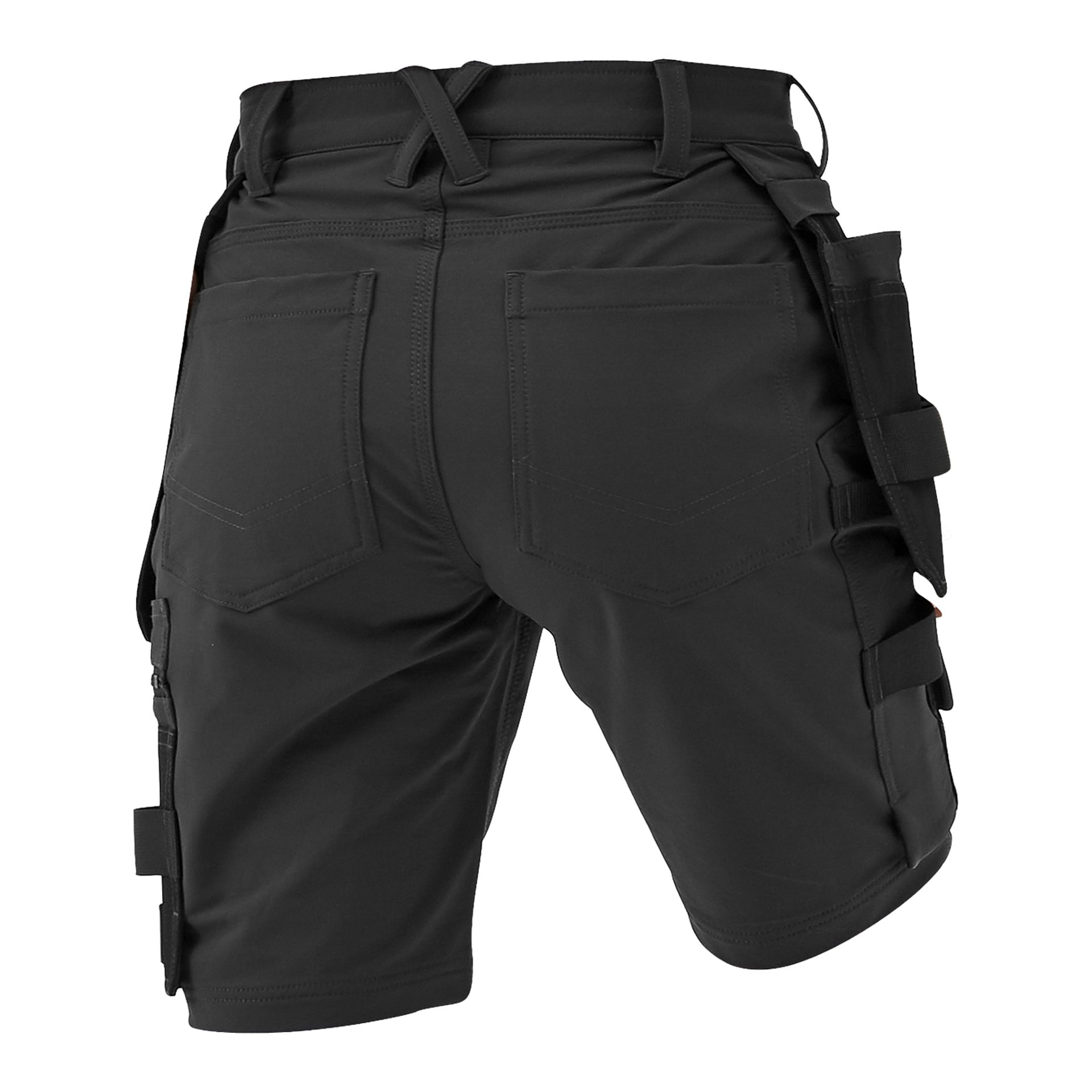 Das Bild zeigt die Rückseite der Bluewear Pro Workwear Damenshorts Stella und hebt die sichtbare Nähte, Gürtelschlaufen, zwei gesäße Taschen und Werkzeugschlaufen auf der rechten Seite hervor. Das robuste Stoffdesign betont Funktionalität sowohl für die Arbeit als auch für den Außeneinsatz.