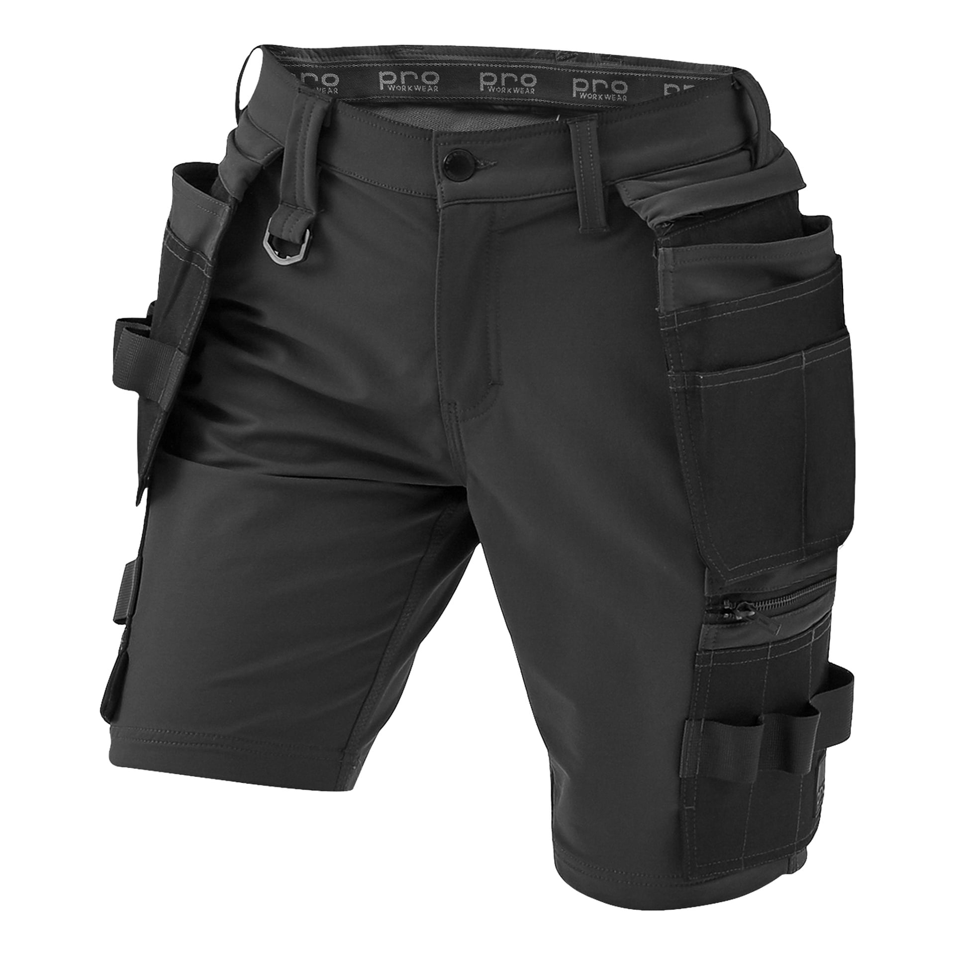Bluewear Pro Workwear Damenshorts Stella in Schwarz, gefertigt für Haltbarkeit und Funktionalität mit verschiedenen Utility-Taschen, Werkzeughaltern und Schlaufen. Die Shorts verfügen über einen Bund mit PRO WORKWEAR-Branding und verfügen über einen vorderen Knopf und einen Reißverschluss.