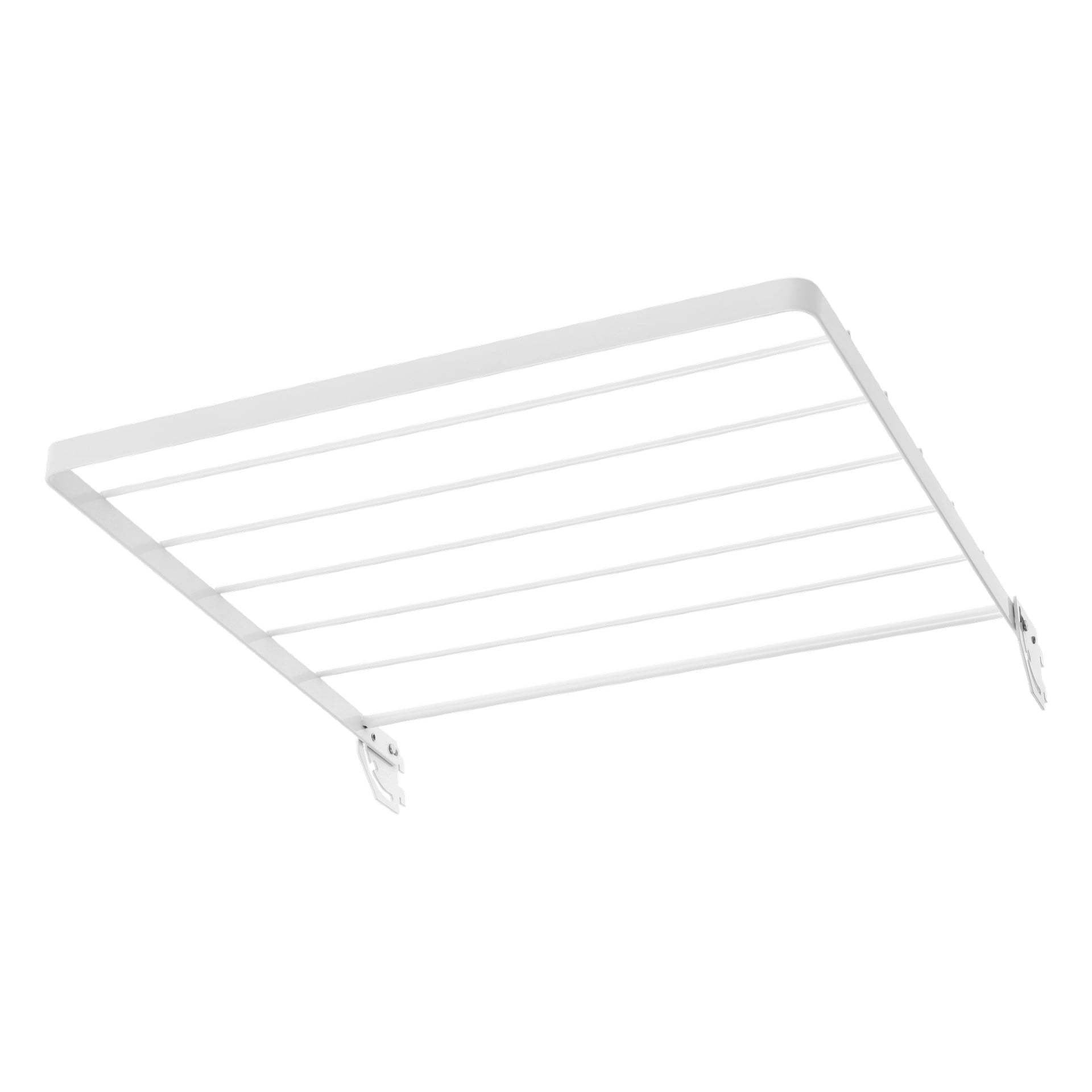 Das Hard Head Drier-Rack ist eine Weißmetall-Hängeeinheit mit sechs horizontalen Stangen und zwei Halterungen, die für die Wandinstallation konzipiert sind.