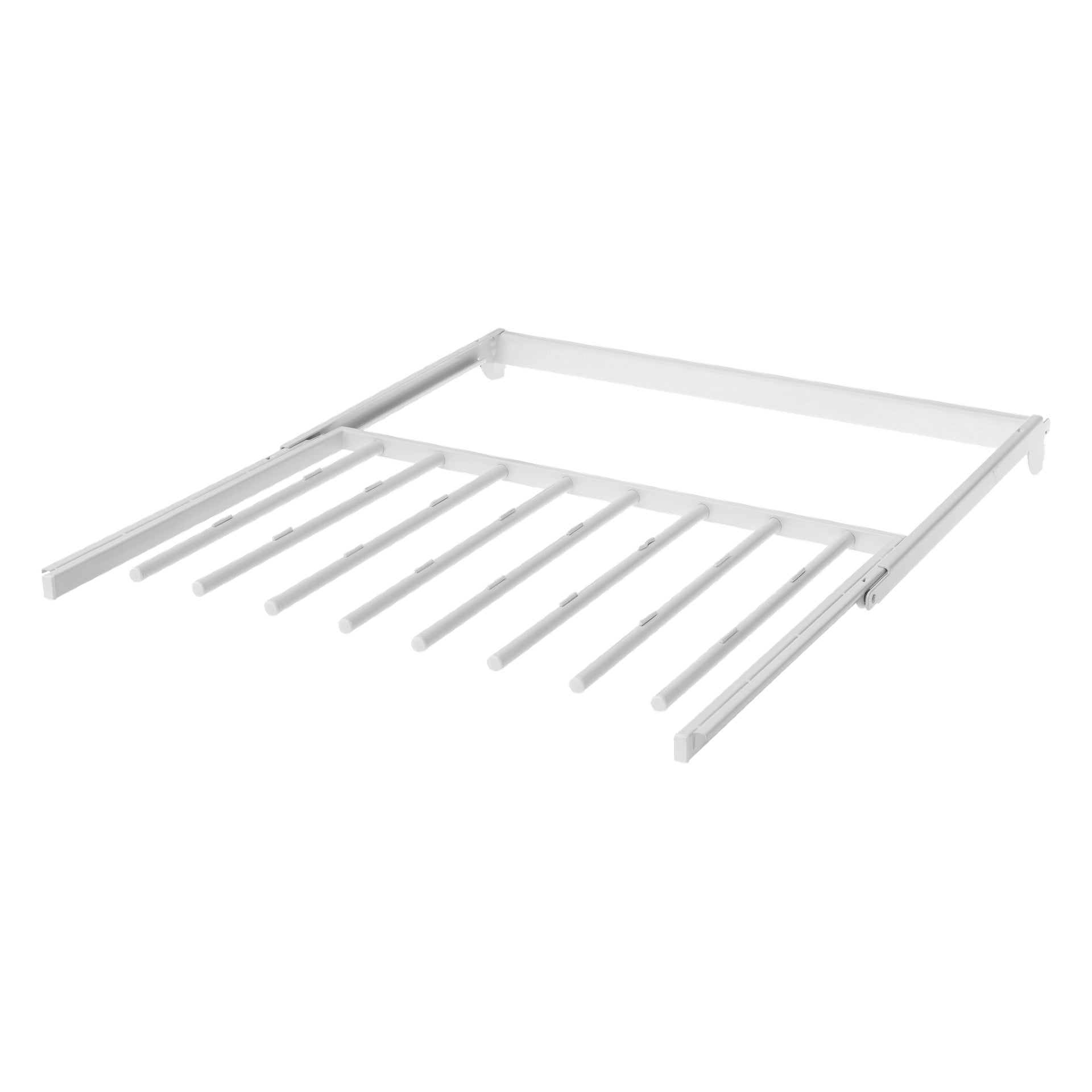 Ein weißer Metall-Hosenbügel mit acht gleichmäßig verteilten horizontalen Stangen, der zum Organisieren von Kleidung im Schrank konzipiert und auf Schiebeschienen für eine sanfte Bewegung montiert ist.