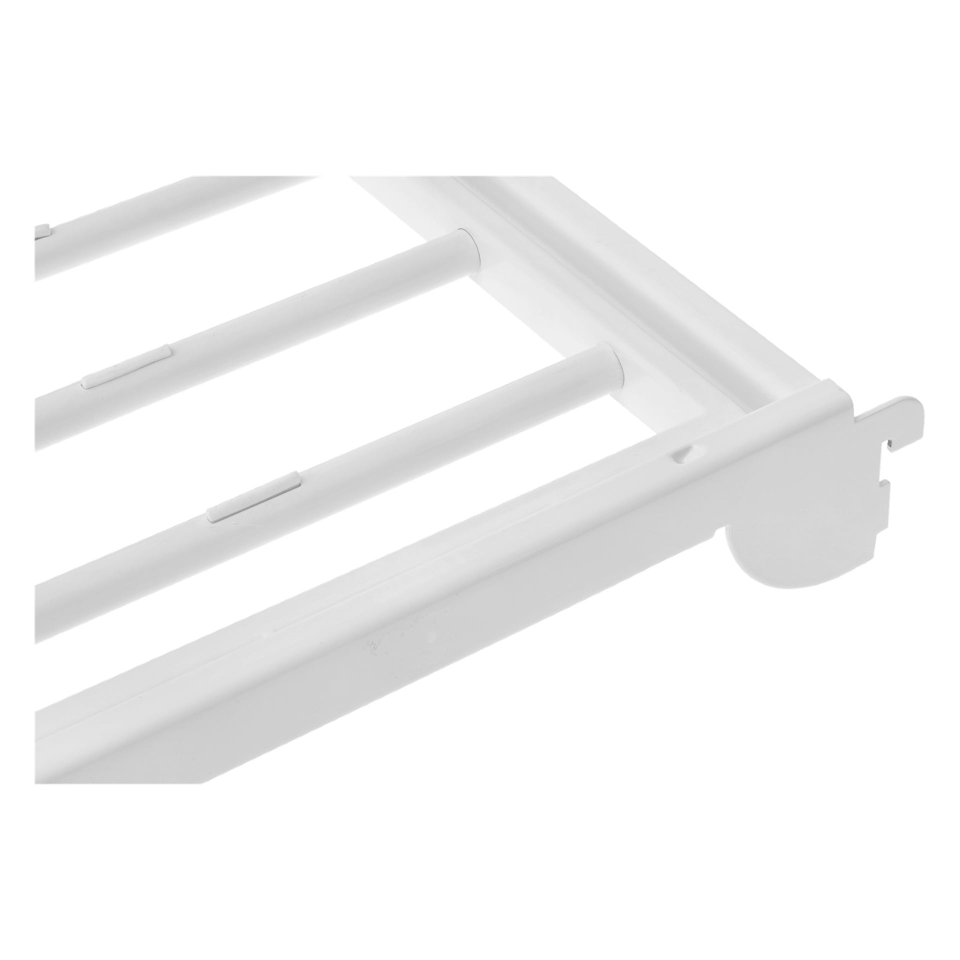 Nahaufnahme des Hard Head Pull-out-Hosenbügels, der einen weißen Metallrahmen mit horizontalen Stangen zeigt, der die Ecke und den Befestigungsmechanismus hervorhebt.