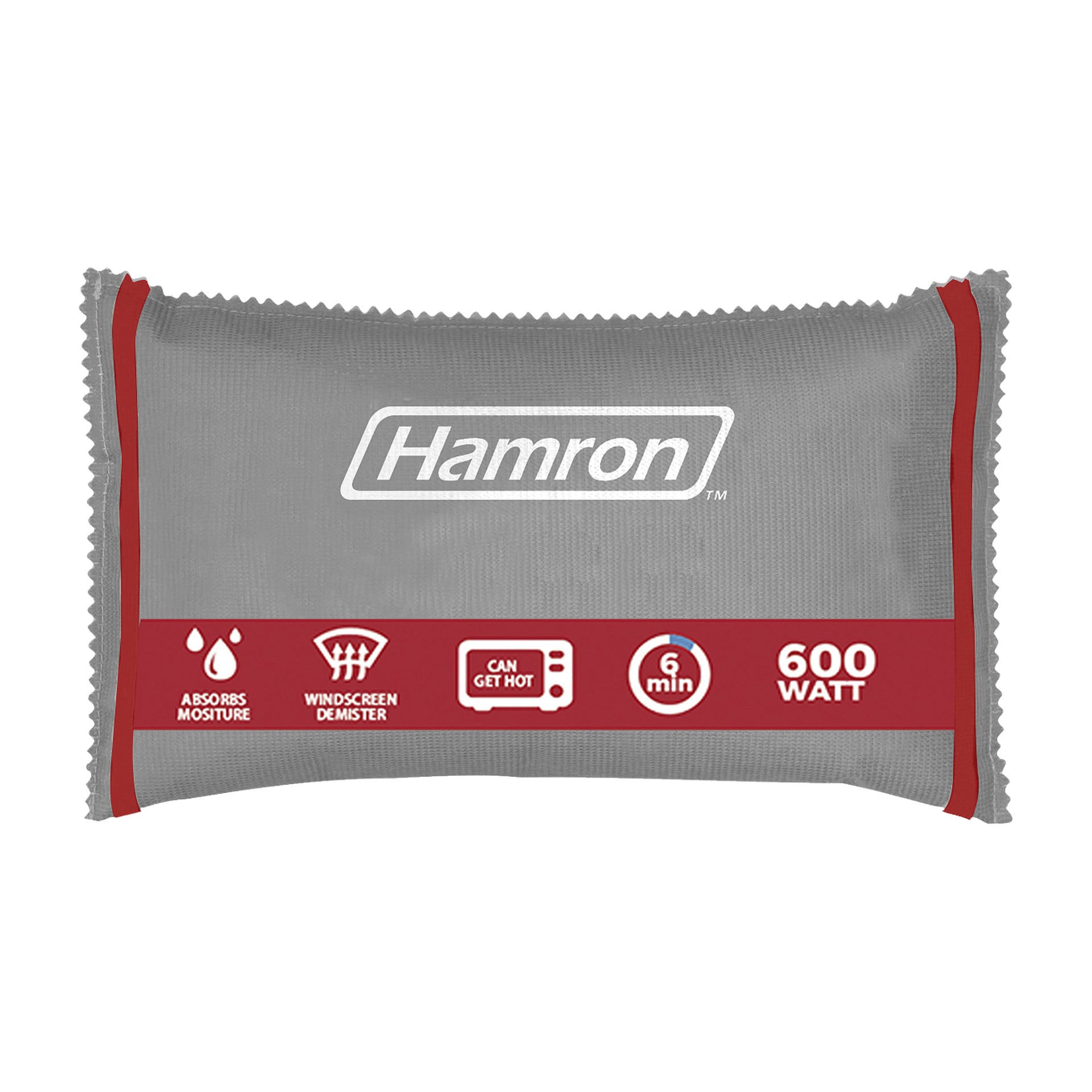 En grå Hamron-avfukter med en indikator som viser en rød stripe med ikoner og fraser for å absorbere fuktighet, avlufte frontruter, bli varm, 6 minutter og 600 watt.