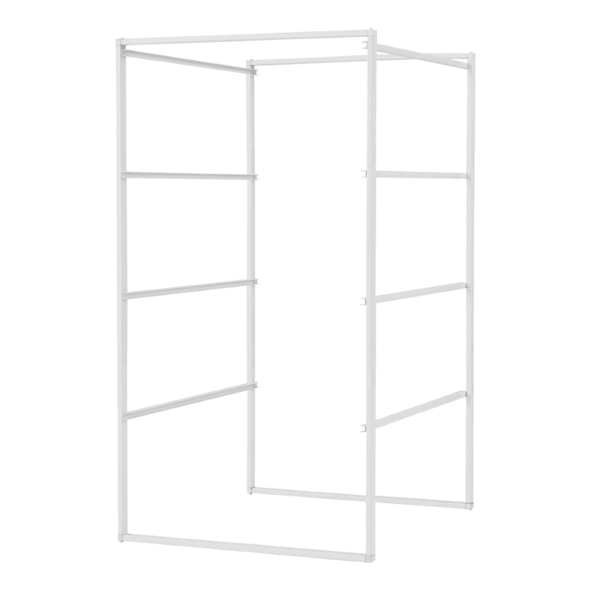 Stojak Hard Head Basket to wolnostojąca konstrukcja wykonana z białego metalu, z czterema pionowymi podporami połączonymi wieloma poziomymi prętami, przypominająca minimalistyczną otwartą półkę lub ramę szafy.