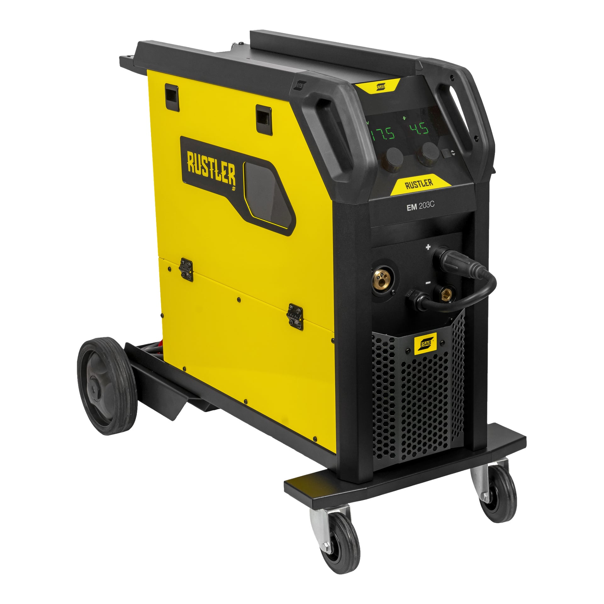 Kelta-musta ESAB Rustler MIG Compact EM 203C invertterihitsauskone, jossa on digitaalinen näyttö, liitetyt kaapelit, kaksi pyörää takana ja yksittäinen pyörä edessä helppoa liikkumista varten.