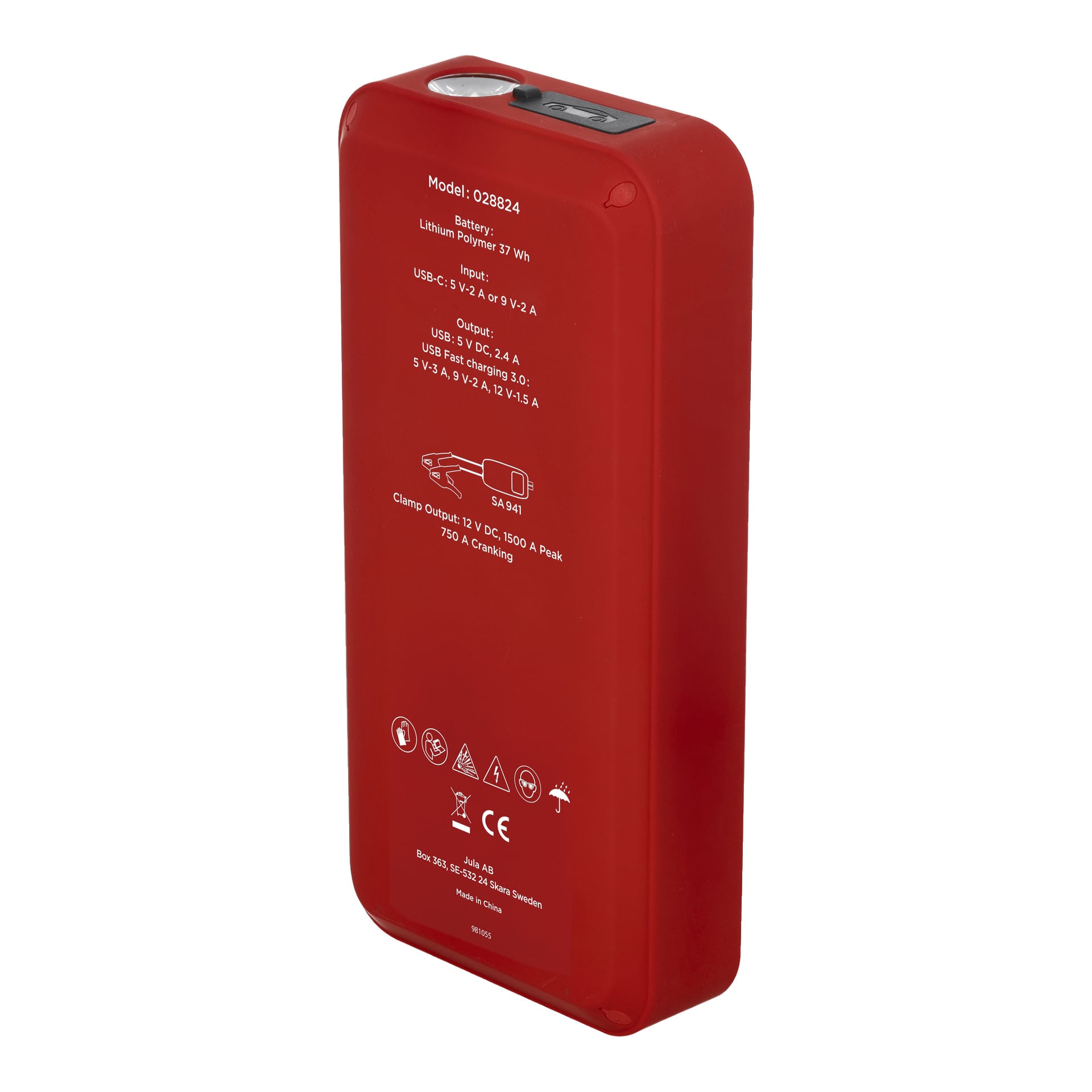 Esillä on punainen, suorakaiteen muotoinen Hamron Jump Starter integroidulla virtapankilla, jossa on näkyvät tekniset tiedot ja erilaiset liitäntäportit toisella puolella. Painetut tiedot sisältävät akun kapasiteetin, syöttö-/lähtötiedot sekä valmistajatiedot.