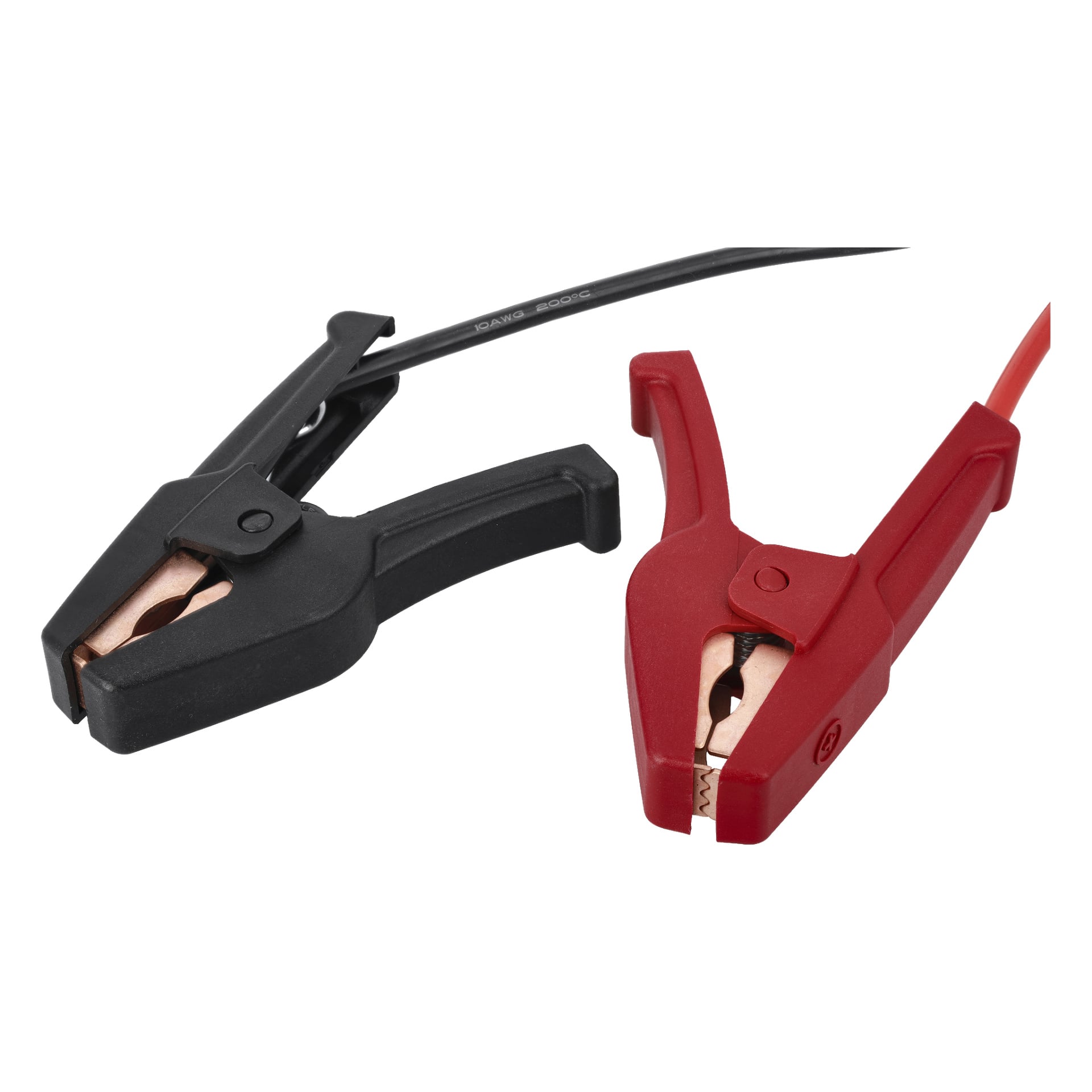 Hamron Jump Starter Power Bankilla näkyy lähikuvassa, mustat ja punaiset puristimet rinnakkain. Puristimissa on näkyvät kuparihampaat ja yhdistettyt johdot, jotka ovat valmiita käytettäväksi auton akkujen kanssa.