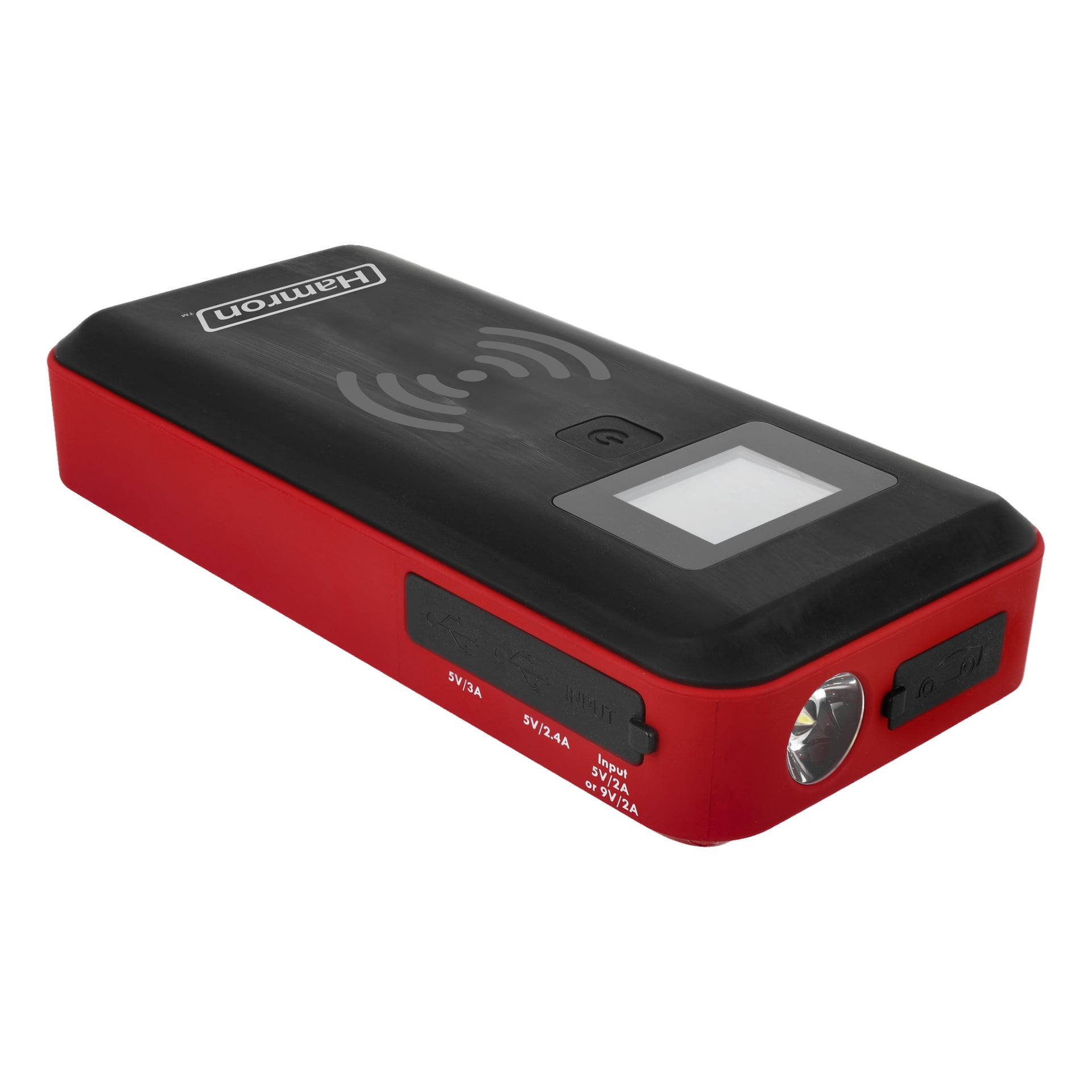 Musta-punainen Hamron-käynnistyslaite, jossa on integroitu virtalähde, digitaalinen näyttö, sisäänrakennettu taskulamppu, USB-portit ja langaton lataussymboli yläosassa.