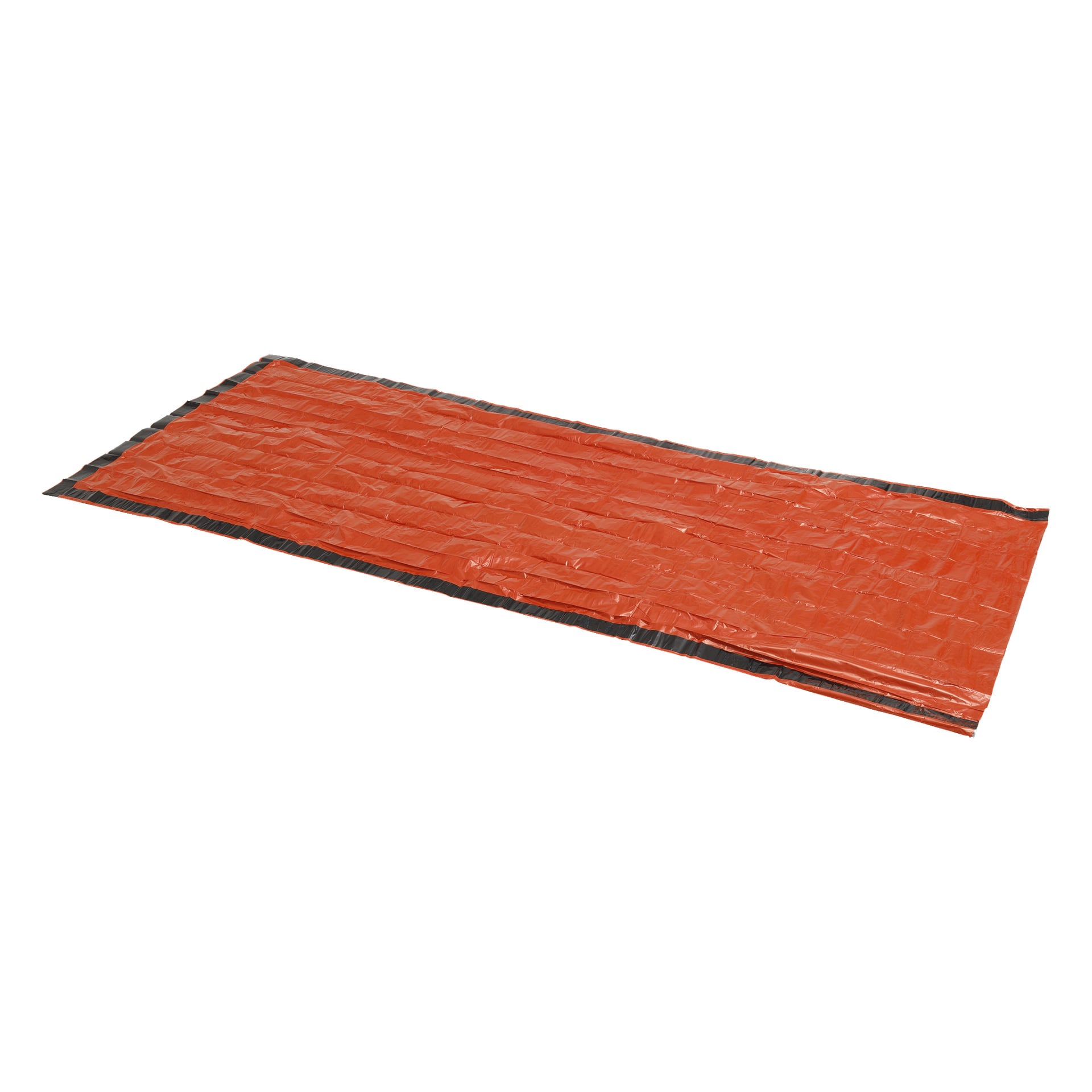 Eine rechteckige, zerknitterte orangefarbene Kayoba Outdoor Emergency Bivvy-Tasche liegt flach, mit schwarzem Rand an den Seiten.