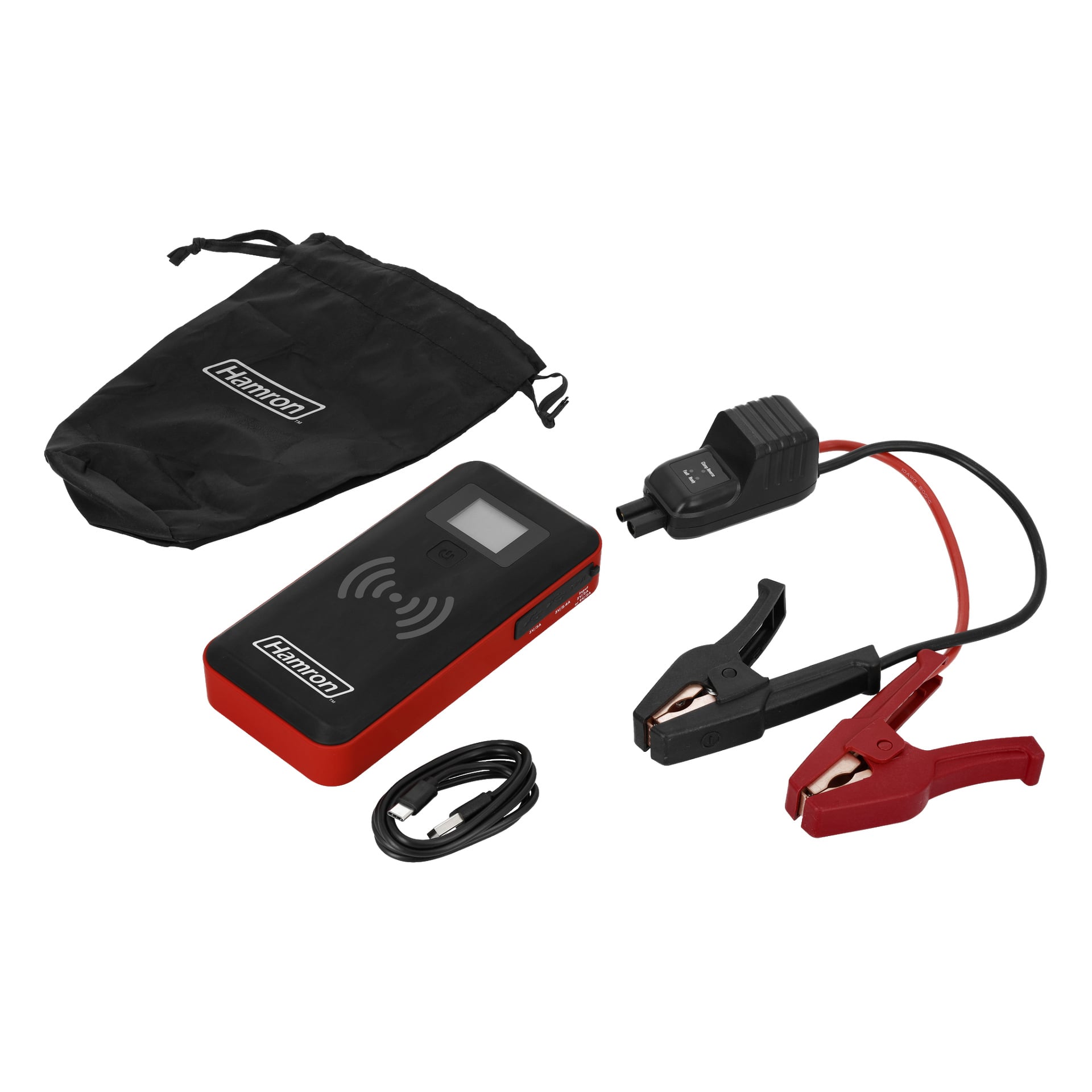 Hamron Jump Starter Power Bankilla varustettu setti sisältää mustan ja punaisen virtapankin, latauskaapelin, hyppykaapelit punaisilla ja mustilla kiinnikkeillä, virtalähteen sekä mustan kantolaukun.