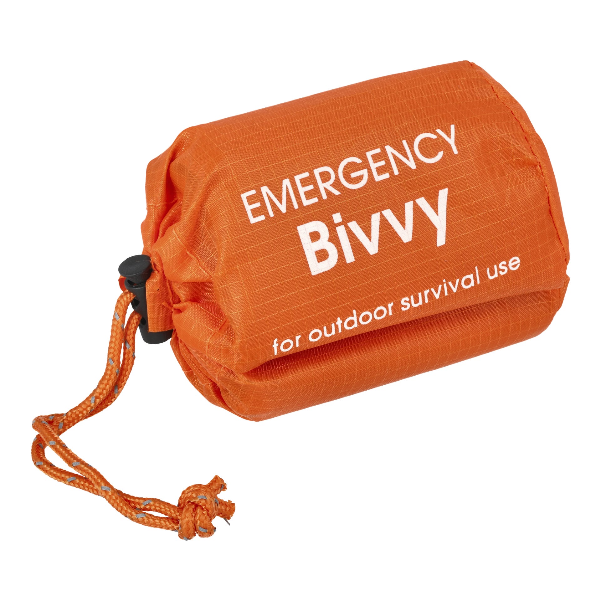 Eine leuchtend orangefarbene Kayoba Outdoor Emergency Bivvy-Tasche, zusammengerollt mit einem Kordelzug und mit der Aufschrift "EMERGENCY Bivvy" für Outdoor-Überlebenssituationen.