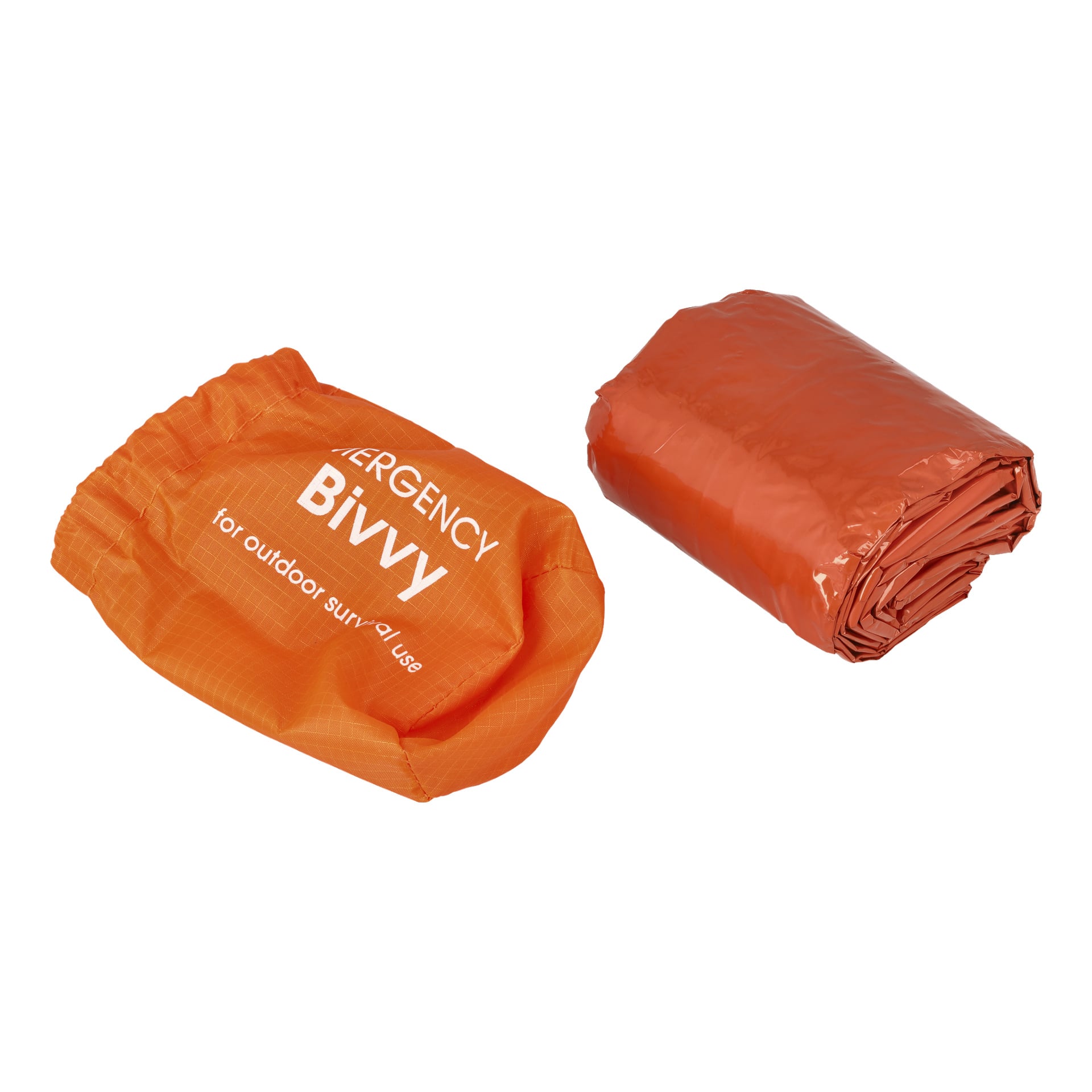 Zwei Kayoba Outdoor Emergency Bivvy Bags sind ausgestellt, einer kompakt zusammengerollt und der andere in einem orangefarbenen Beutel mit der Aufschrift "Emergency Bivvy Bag" für das Überleben im Freien aufbewahrt.