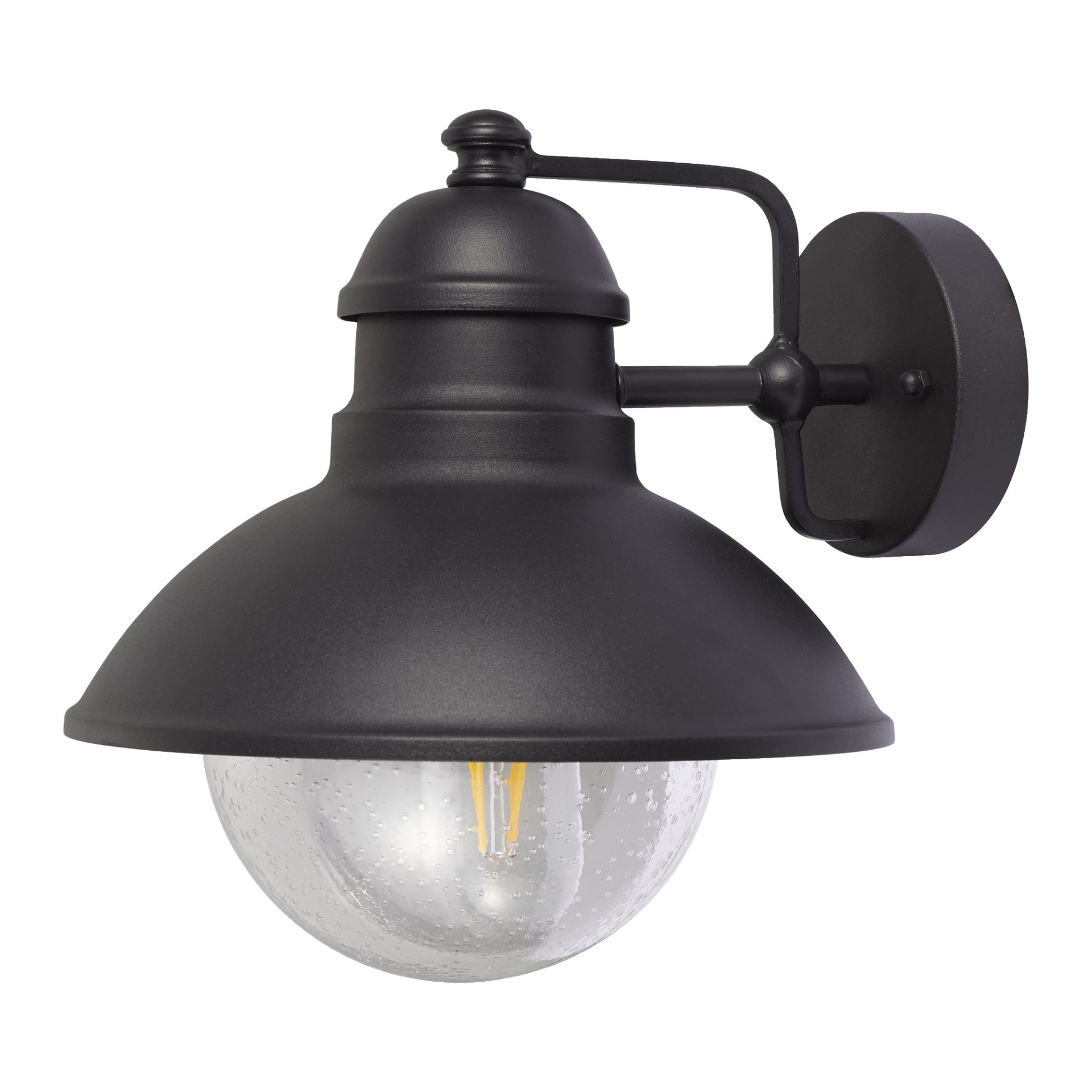 Die EKVIP Wandlampe hat eine schlanke schwarze Metallkonstruktion mit gebogenem Schirm und transparenter Glasbirnenabdeckung, die an einer runden Rückplatte befestigt ist.