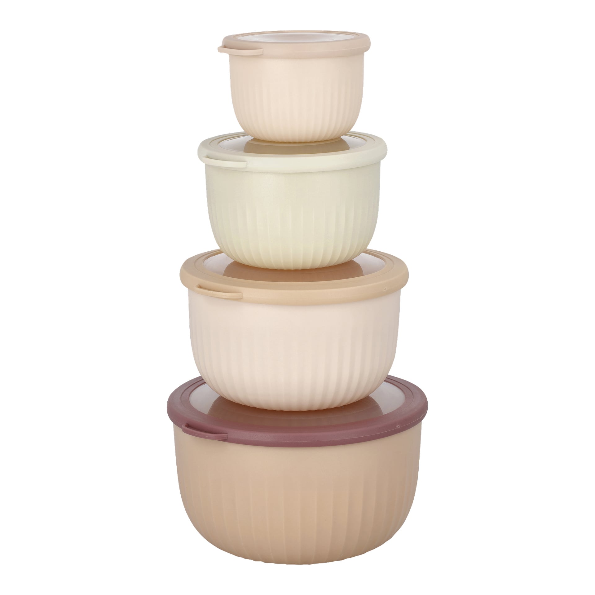 "Menuett Storage Jars for Food 4 pieces" är runda, staplingsbara plastbehållare med beige, krämfärgade och ljusbruna lock.