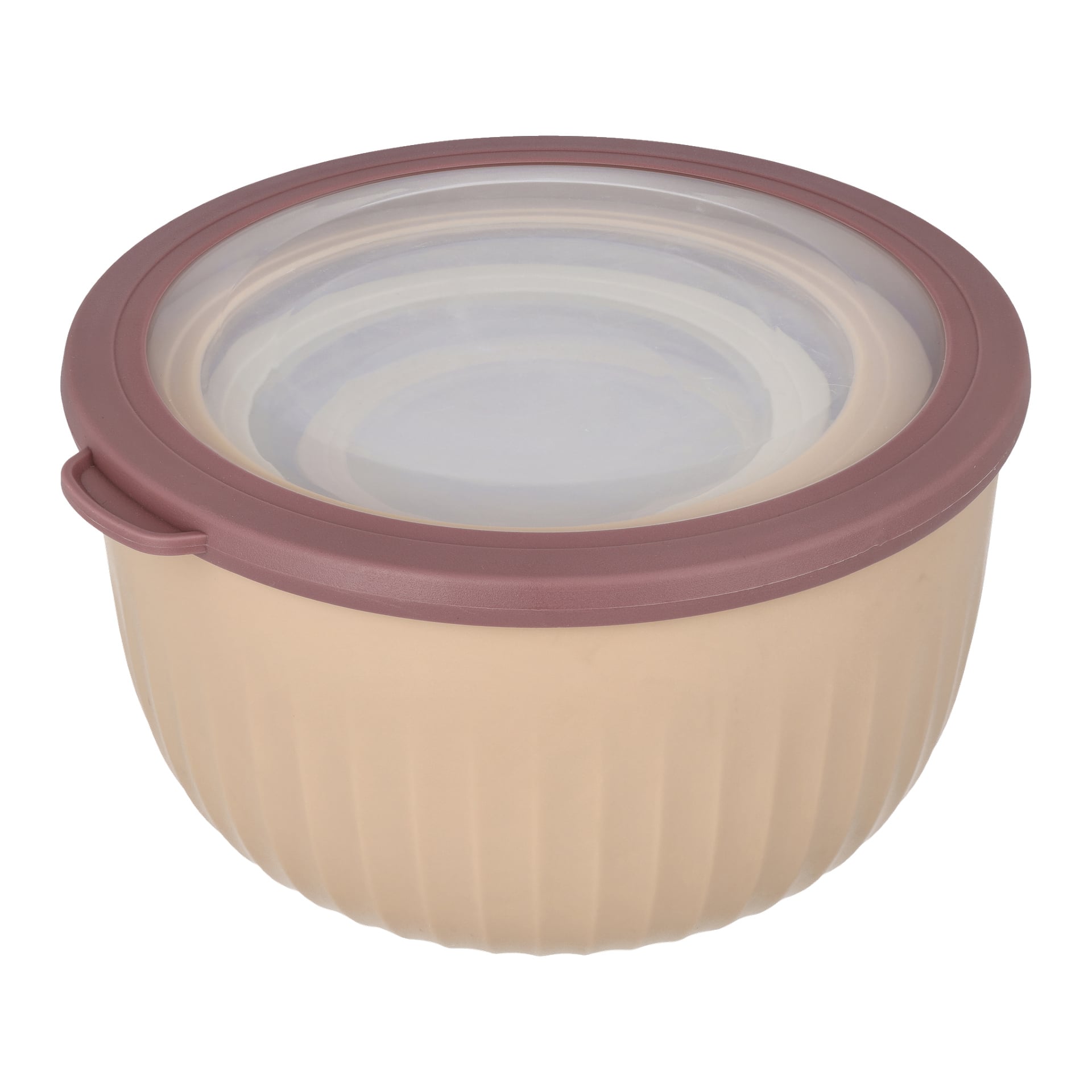 "Menuett Storage Jars for Food 4 pieces set" inkluderar beige plastburkar med vertikala åsar och genomskinliga lock med vinröda kanter.