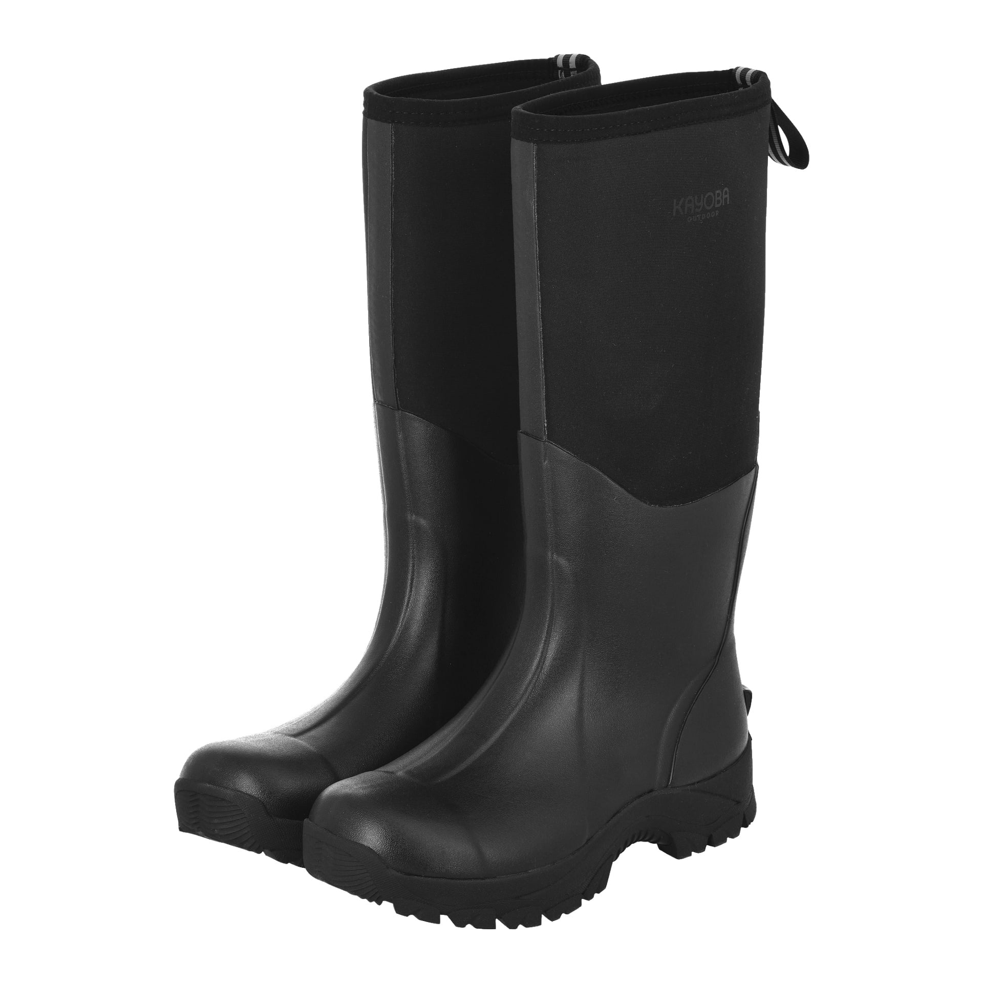 Korkeat mustat Kayoba Outdoor Neoprene -saappaat, joissa on teksturoidut pohjat, kantapään vetonauha, mattapintainen ulkopinta ja suoraviivainen käytännöllinen ulkonäkö.