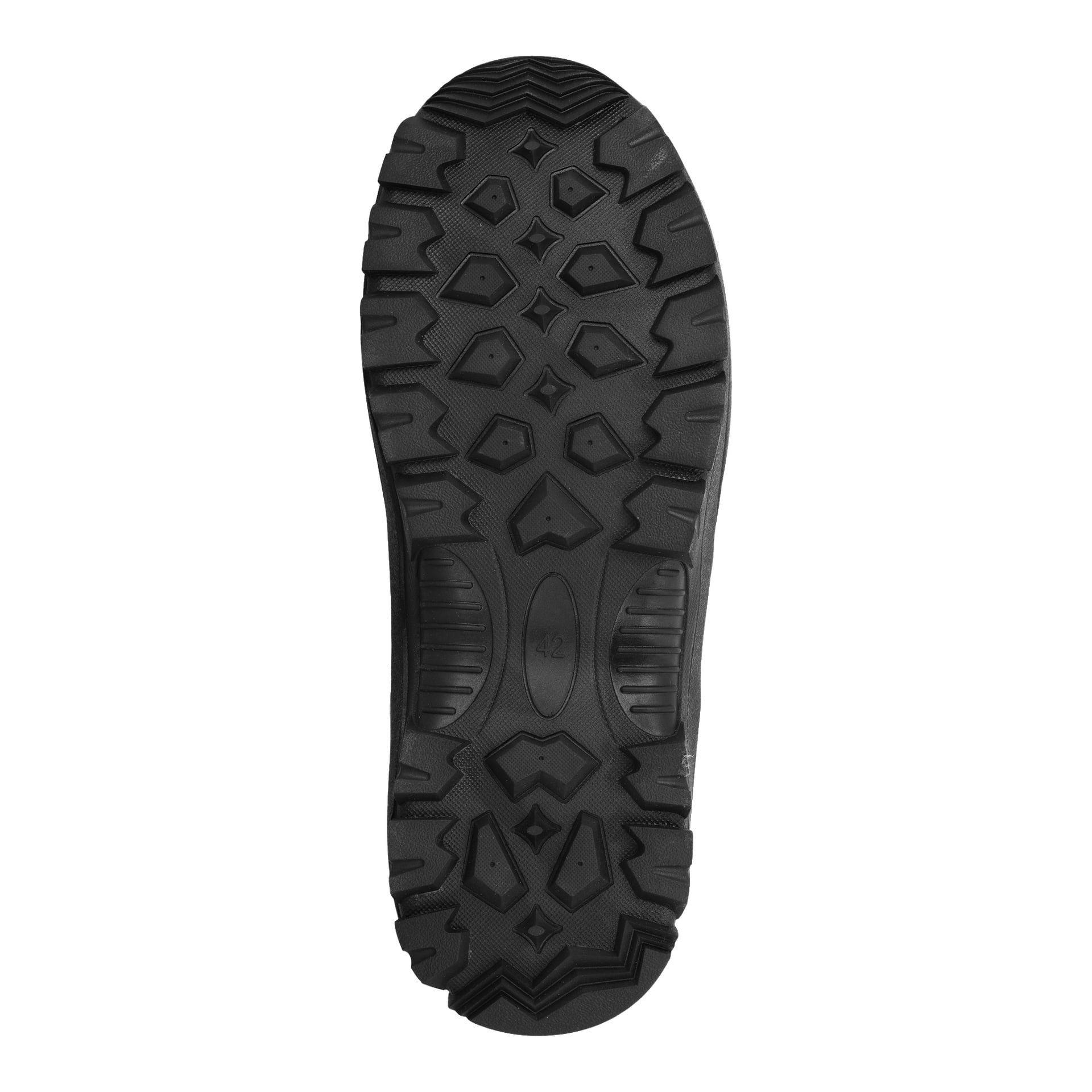 Kayoba Outdoor Neoprene -saappaissa on mustat kumipohjat, joissa on rohkea geometrinen jalkapohja ja keskellä numero 42 koon ilmaisemiseksi. Pohja näyttää uudelta ja kulumattomalta.