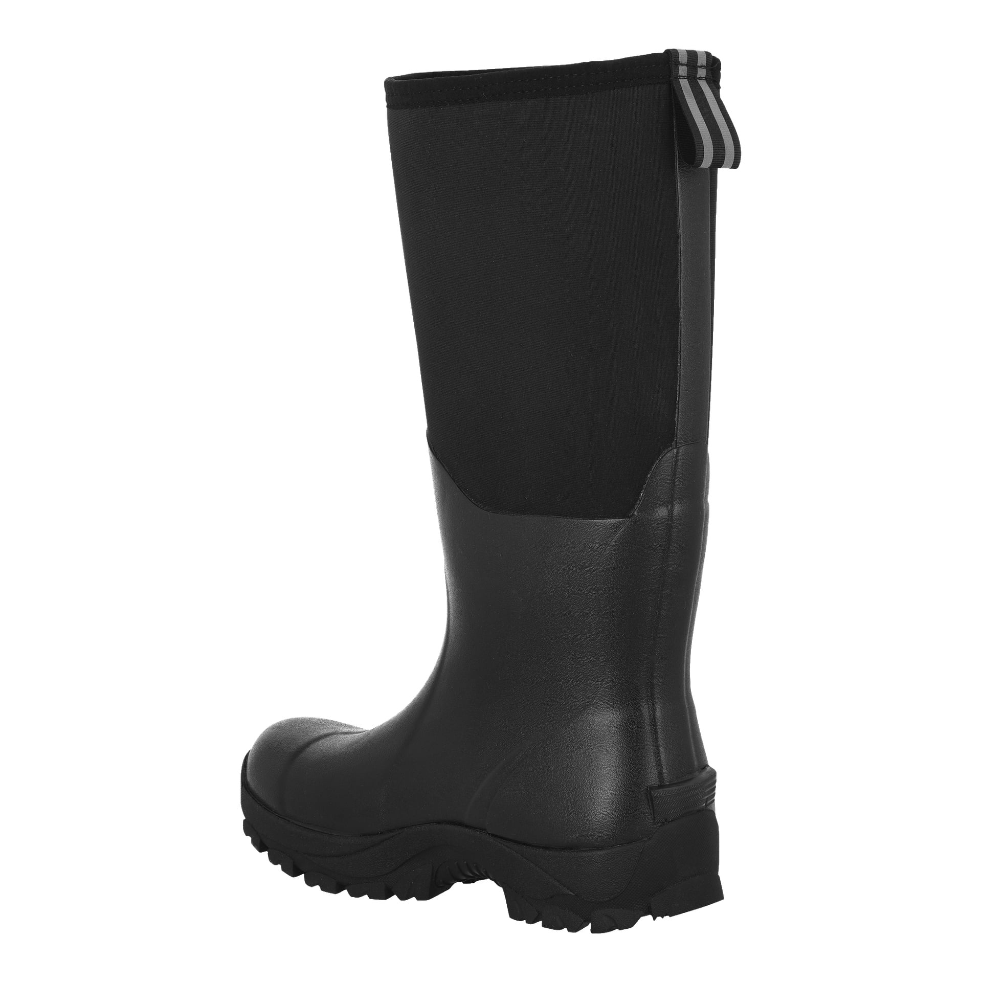 Ein Paar Kayoba Outdoor Neoprene Stiefel aus schwarzem Gummi mit dicken, robusten Sohlen und einem oberen Stoffteil, die von der Rückseite zu sehen sind. Die Stiefel haben gestreifte Zuglaschen oben am Schaft.