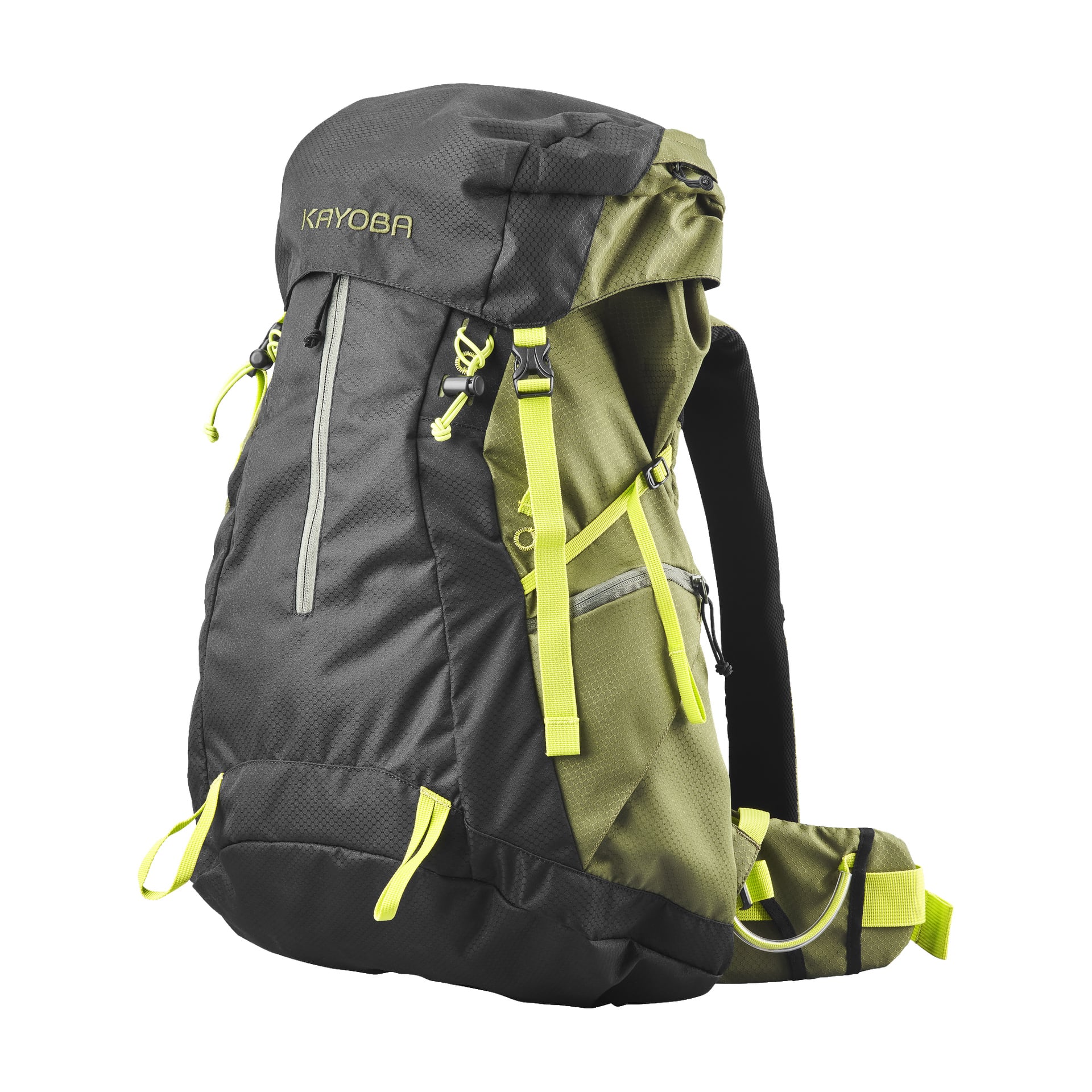 Vihreä-musta Kayoba Hiking -reppu, jossa on säädettävät olkahihnat, useita vetoketjullisia lokeroita ja keltaiset koristeremmit, jotka näkyvät pystyasennossa.