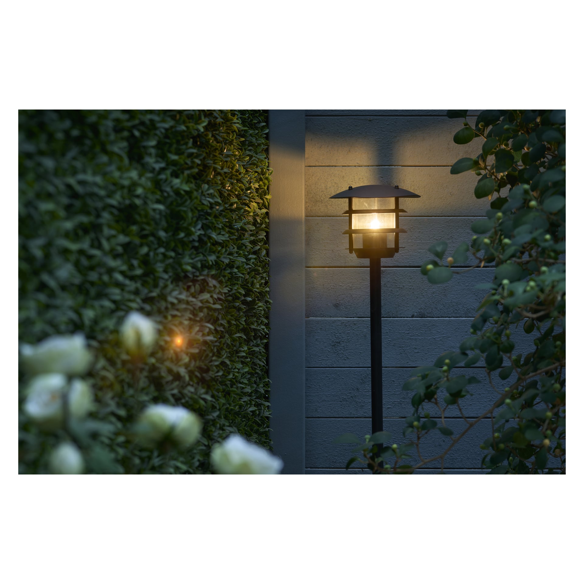 En upplyst Anslut Pollard Connectable System-trädgårdslampa med en svart stolpe står bredvid en grå trävägg och skapar ett milt sken. Suddiga gröna blad och vita blommor syns i förgrunden.