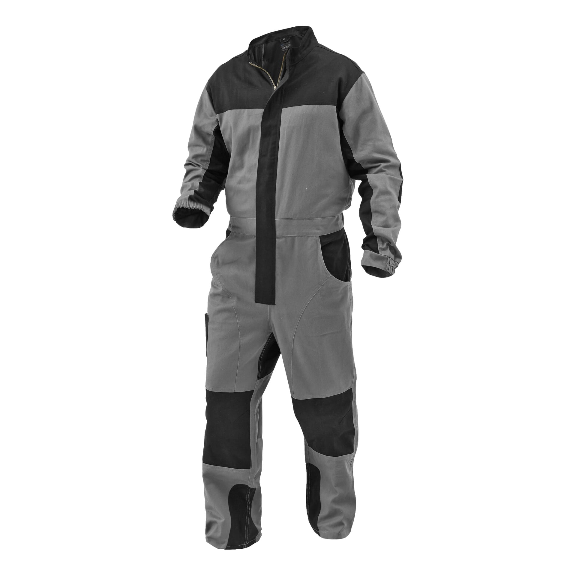 Herrearbeid-overaller fra Owe by Bluewear i grått og svart, med lange ermer, elastiske mansjetter, sidelommer og forsterkede knær og skuldre.
