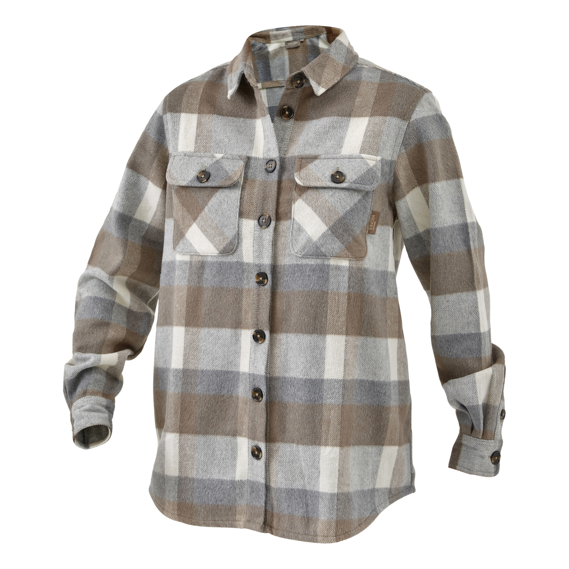 Das Damenovershirt von Kayoba Outdoor Idhult ist ein langärmeliges Flanellhemd mit kariertem Design in Braun-, Grau- und Weißtönen. Es hat vorne einen Knöpf, zwei Brusttaschen, die mit Klappen gesichert sind, und einen traditionellen Kragen.
