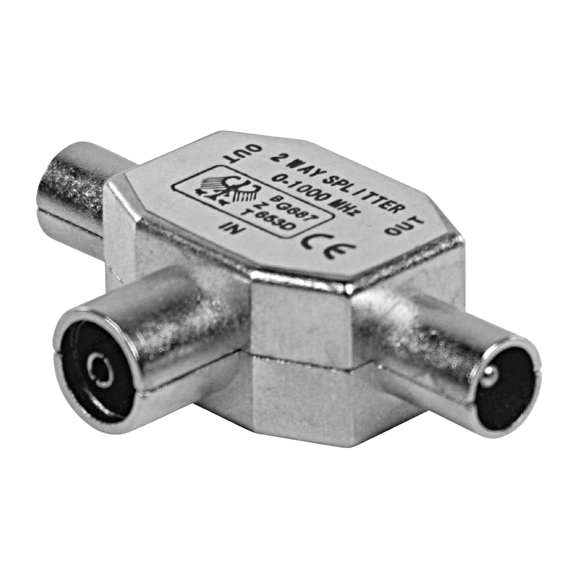 En silverfärgad Nedis T-kontakt koaxial splitter med tre portar och märkta tekniska specifikationer, inklusive frekvensområde och CE-märkning.