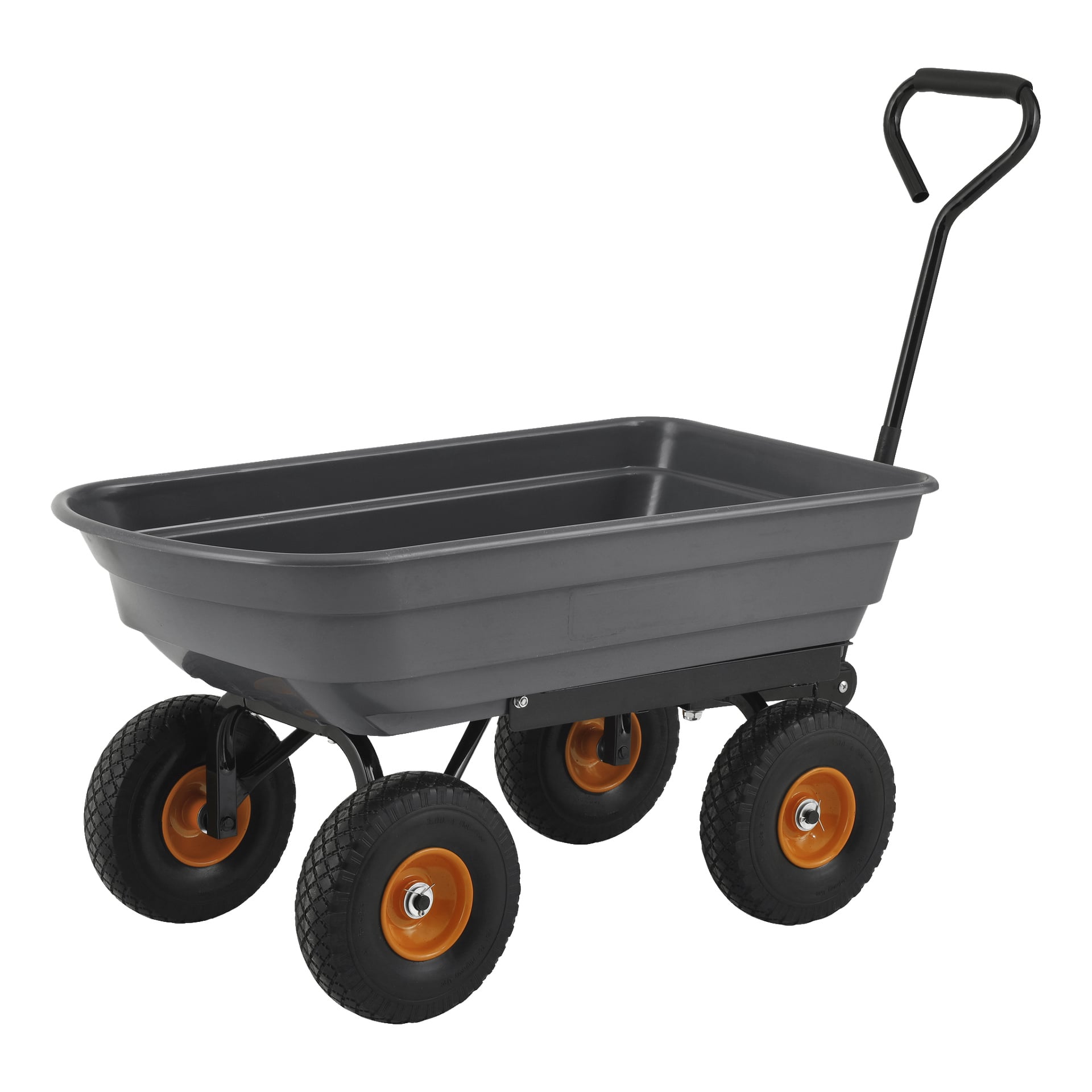 En tippbar transportvagn från Hard Head med grå kaross, fyra svarta däck med orange fälgar och ett stadigt svart metallhandtag.