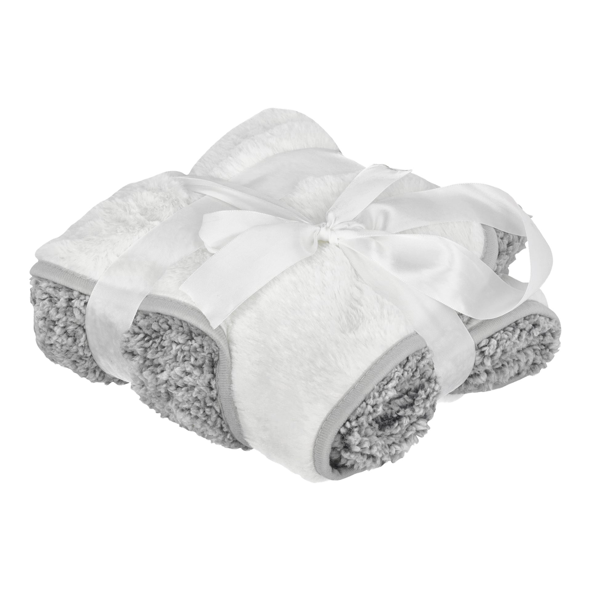 En prydligt vikt Kayoba Pet Blanket i grått och vitt med en mjuk, texturerad yta, inlindad med ett brett vitt satinband knutet i en rosett.