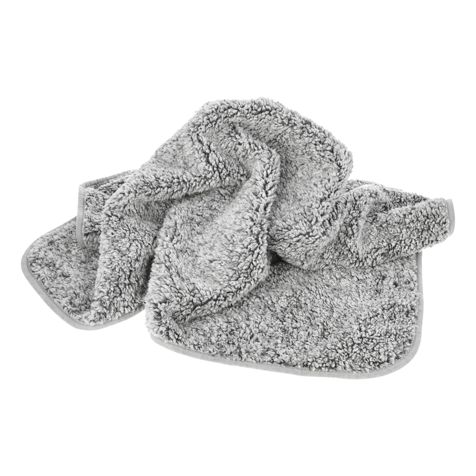 En skrynklig, mjuk grå fleecefilt av Kayoba Pet med ett fluffigt, texturerat utseende. Den har lätt böjda kanter och synliga sömmar längs kanterna.