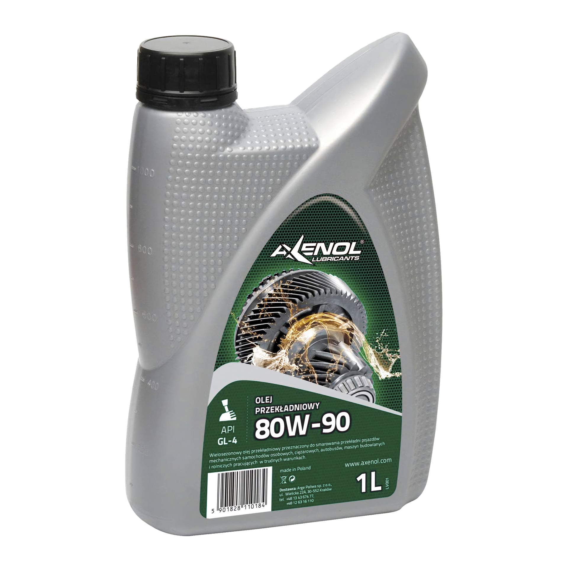 1-litrowa szara plastikowa butelka oleju Axenol GL-4 80W/90 z czarną kapslą. Na przedniej etykiecie znajduje się obraz przekładni i szczegóły produktu, w tym specyfikację API GL-4.