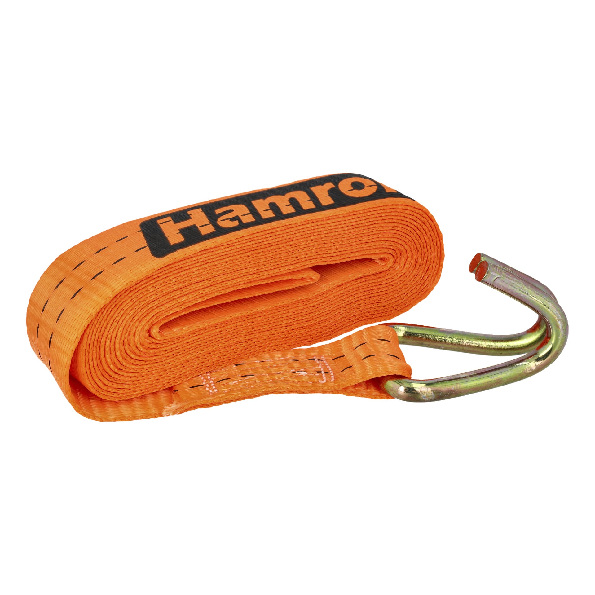 Ein ordentlich gerollter orangefarbener Hamron-Sicherungsriemen aus Polyester mit schwarzer Naht und einem Stahlhaken an einem Ende. Der Riemen hat teilweise schwarze Schrift, auf der der Markenname "Hamron" steht.