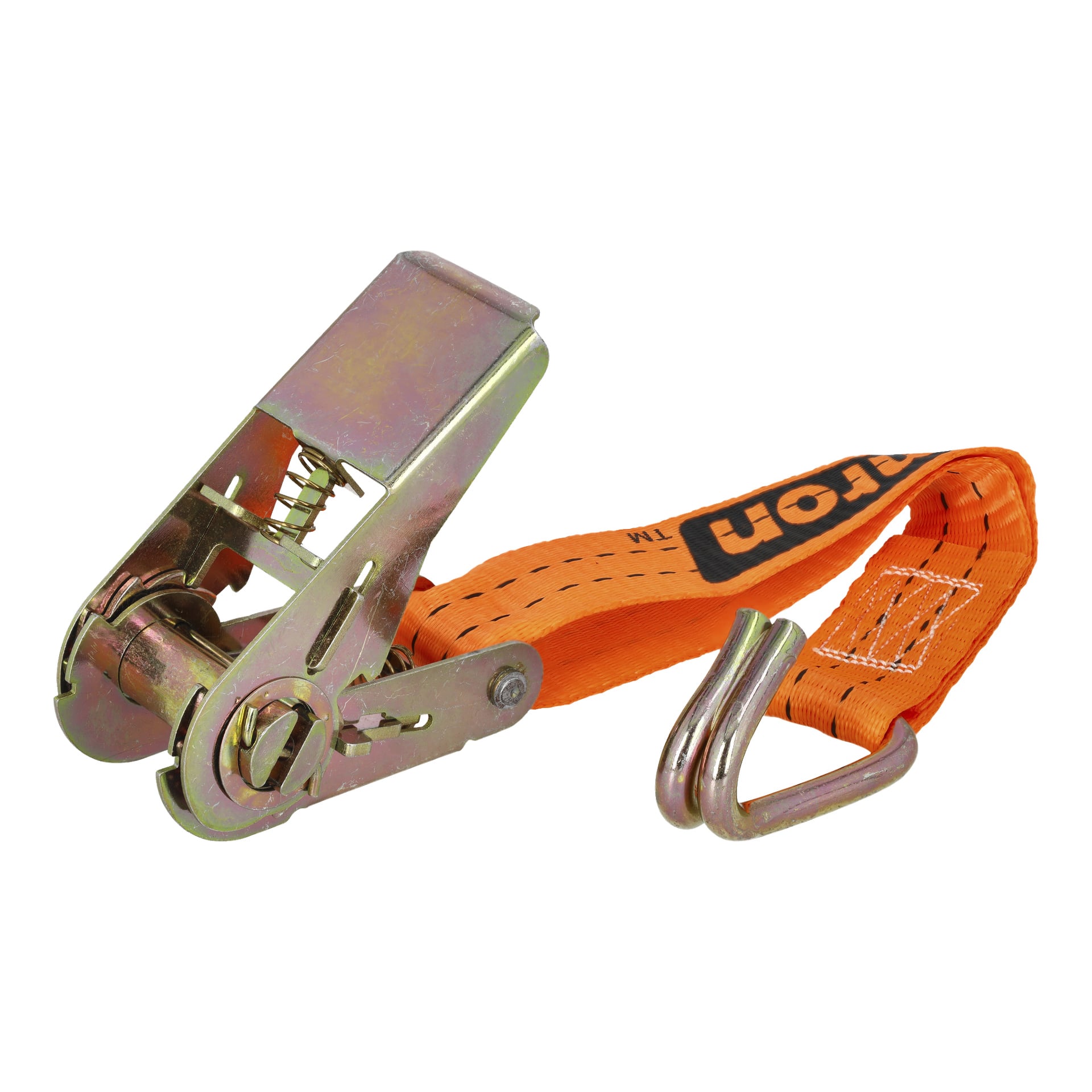 Ein Hamron-Sicherungsriemen mit Metallratsche, ein orangefarbener Riemen mit schwarzer Naht, eine Hake an einem Ende zum Sichern von Gegenständen und ein teilweise sichtbares schwarz-orangefarbenes Produktetikett.