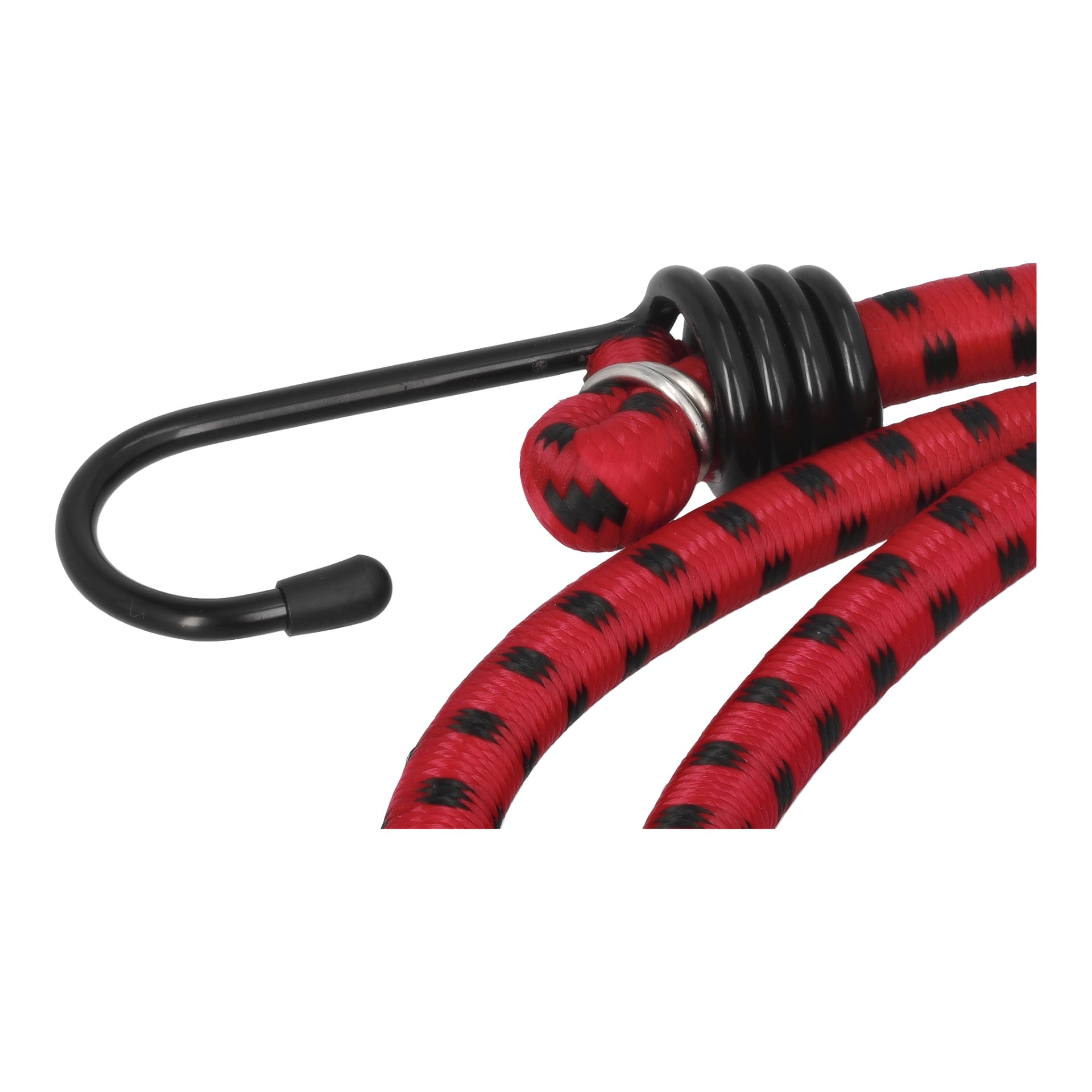 Nahaufnahme von zwei Hamron-Gepäckriemen, die rote und schwarze Bungee-Kordeln mit Metallhaken zeigen. Jeder Haken ist mit schwarzem Kunststoff versehen, und das gewickelte Kabel zeigt einen Knoten nahe der Stelle, an der er am Haken verbunden ist.