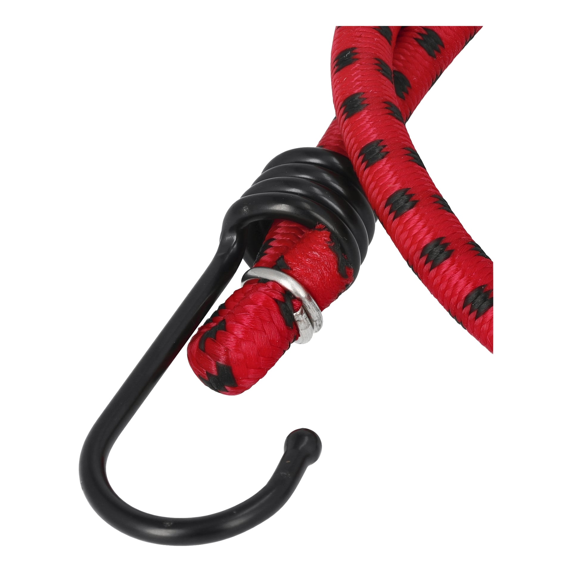 Zoomattu näkymä punamustasta Hamron Luggage Strap 2-packista, jossa näkyy kierretty naru, jossa on musta metallikoukku toisessa päässä ja hopeinen rengas koukun lähellä narun pitämiseksi.