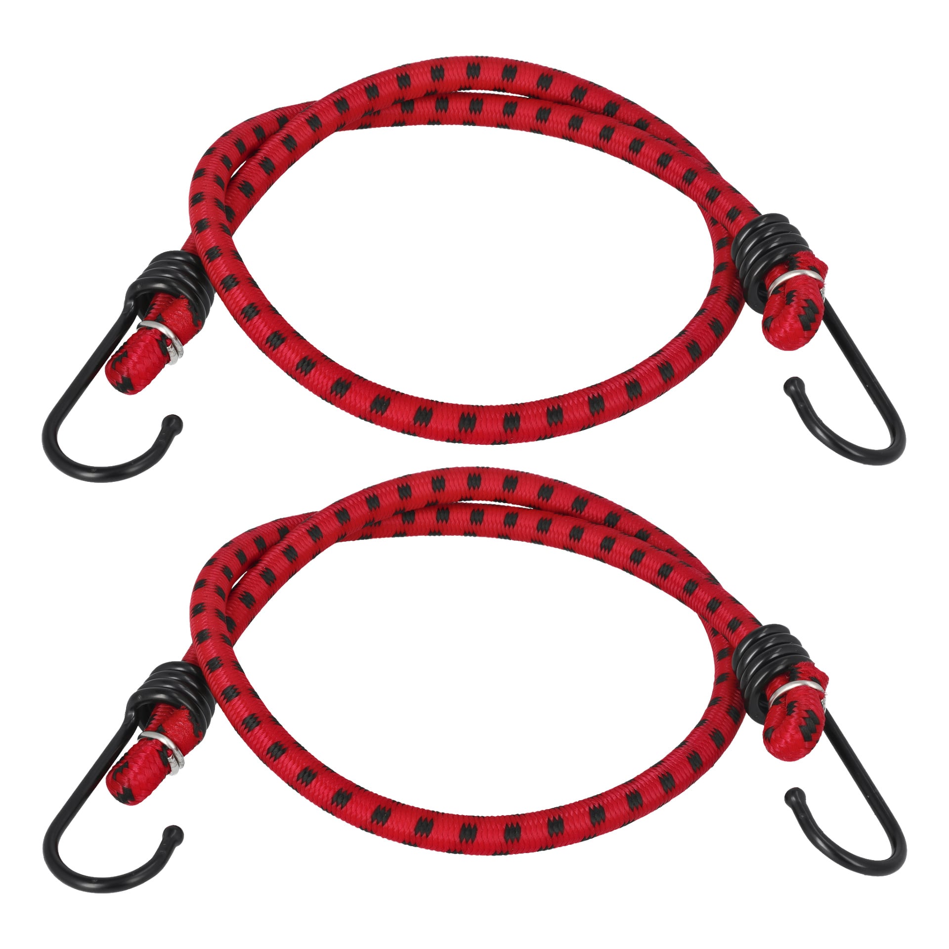 Kaksi Hamron Luggage Strap 2 Pack -bungee-nauhaa, joissa on punamusta kuvio ja metallikoukut molemmissa päissä, on siististi kierretty ympyröihin ja asetettu vierekkäin.