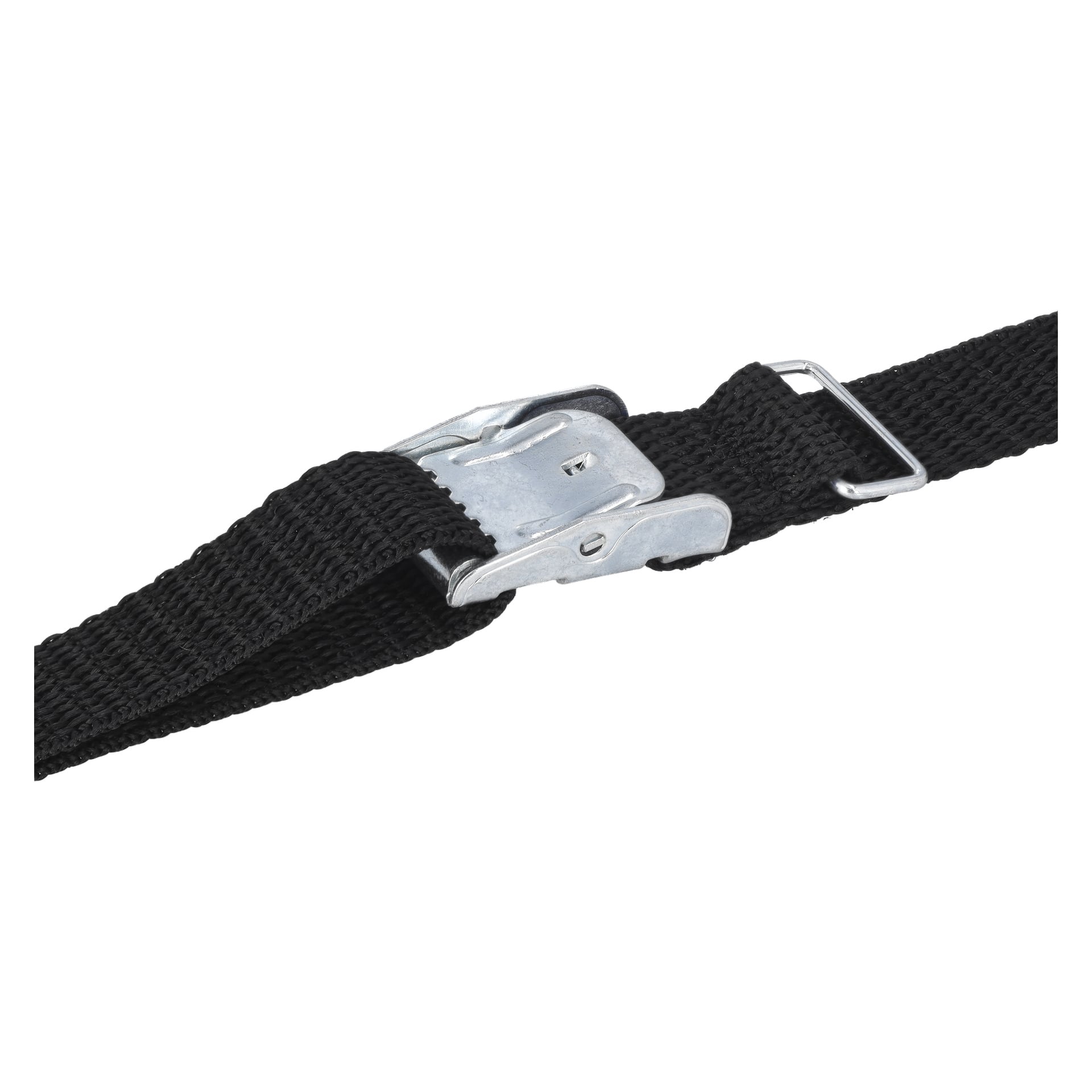 Szczegółowy widok czarnego plecionego paska z 2-packu Hamron Tension Straps, z srebrną metalową klamrą krzywkową używaną do zaciskania lub zabezpieczania przedmiotów.