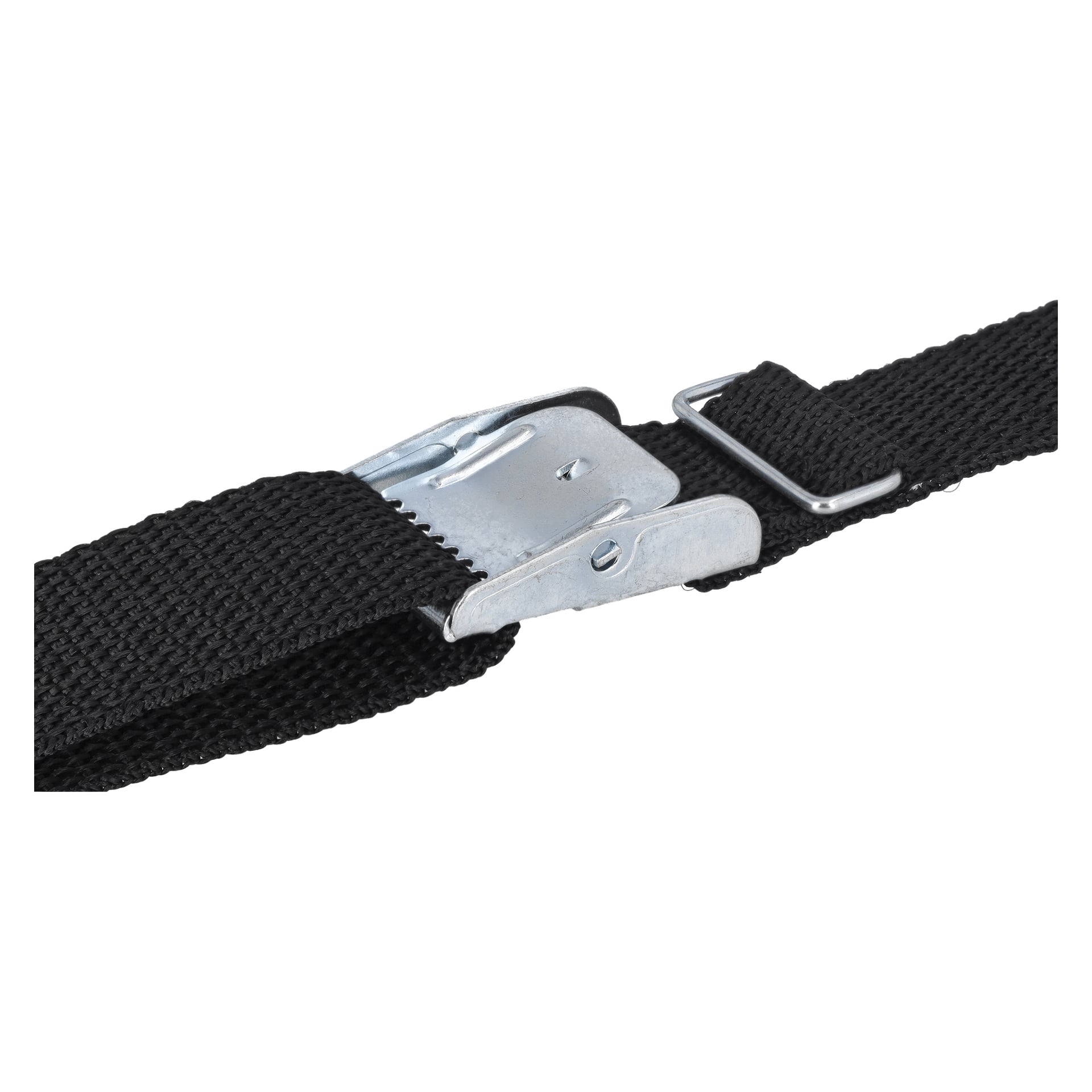 Eine Nahaufnahme eines Hamron Tension Straps 2-Packs, das einen schwarzen gewebten Gurt mit einer silbernen Metall-Nockenschnalle und einem verstellbaren Schieberegler zeigt.