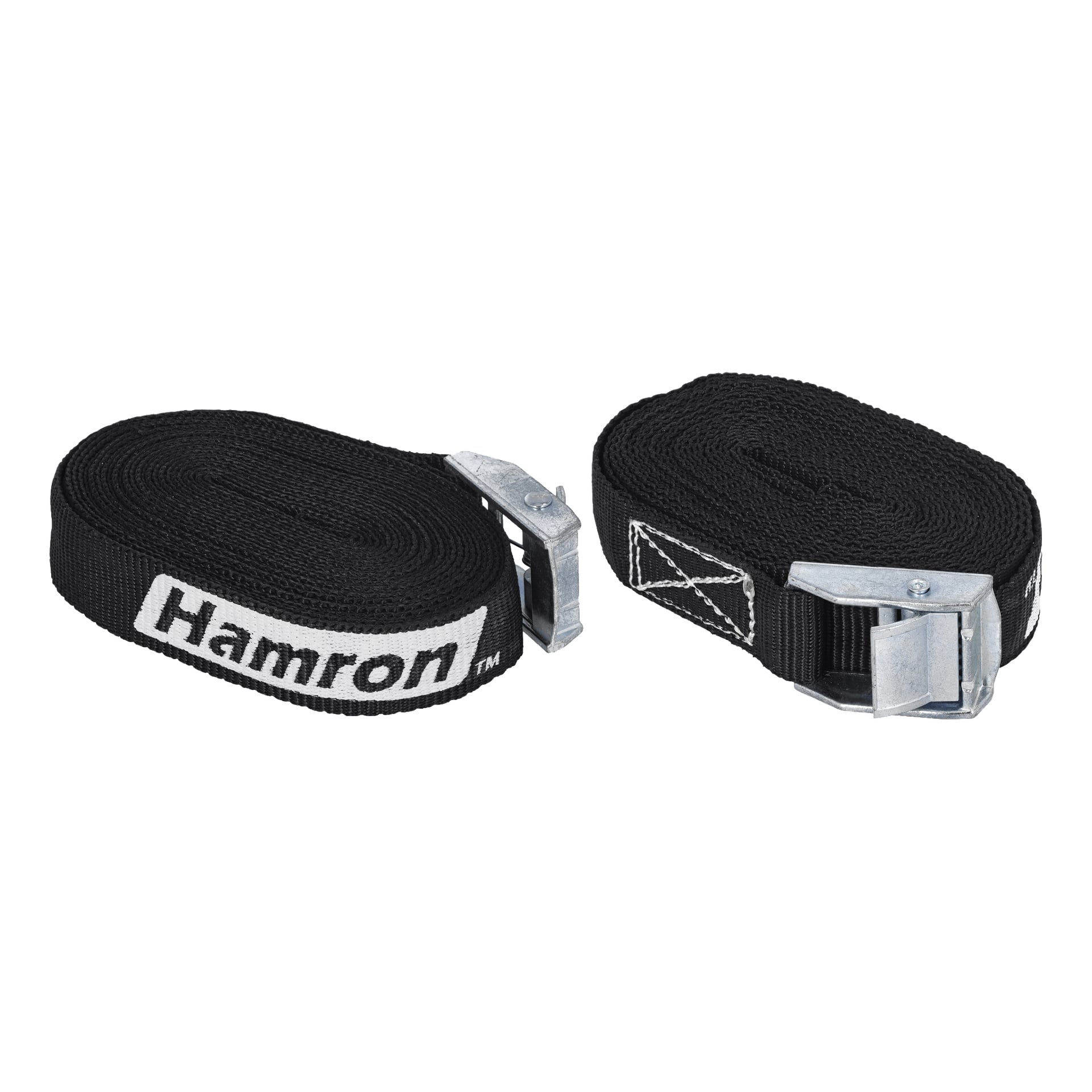 Et par svarte Hamron Tension Straps vises, begge sammenrullet med solide metall-kamspenner. Hamron-merket er synlig i hvitt på en stropp, og forsterket søm vises ved hver spenne.